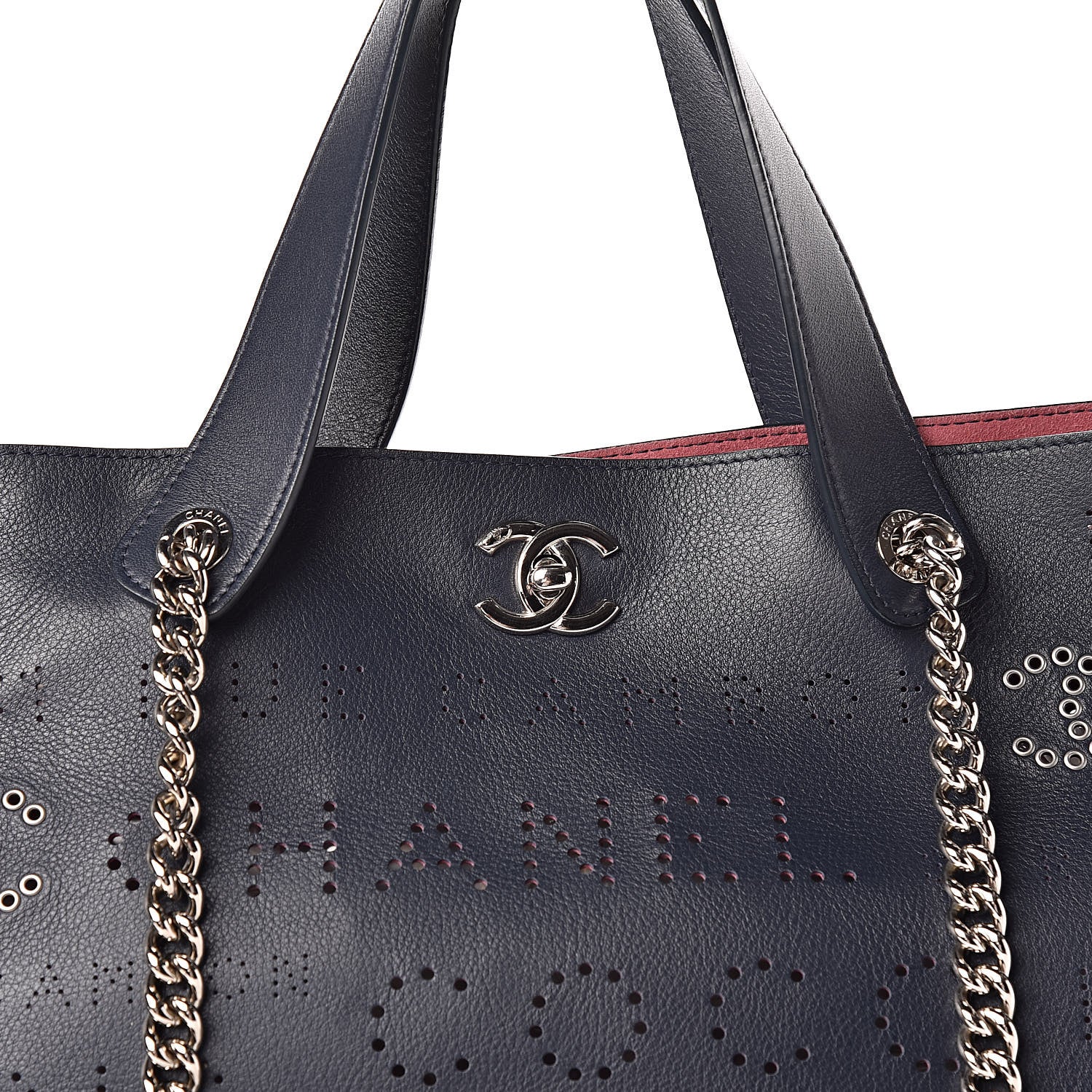 Chanel Calfskin Tweed Small Logo Eyelets Shopping Tote Navy Blue 13 of 13