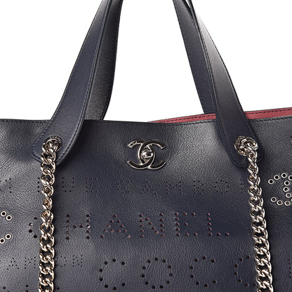 Chanel Calfskin Tweed Small Logo Eyelets Shopping Tote Navy Blue 13 of 13