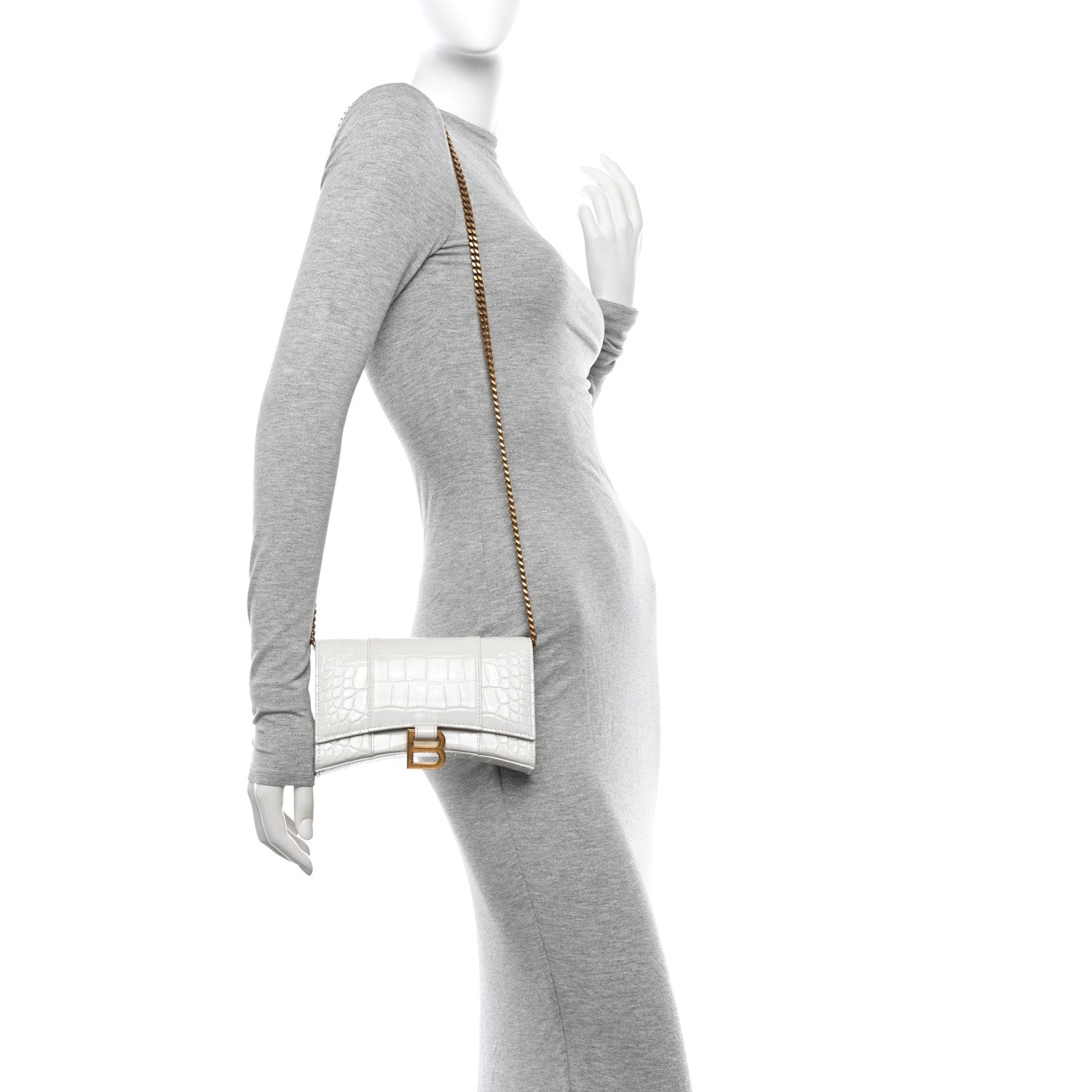 Balenciaga Shiny Calfskin Crocodile Embossed Hourglass Chain Bag Cream 2 of 14