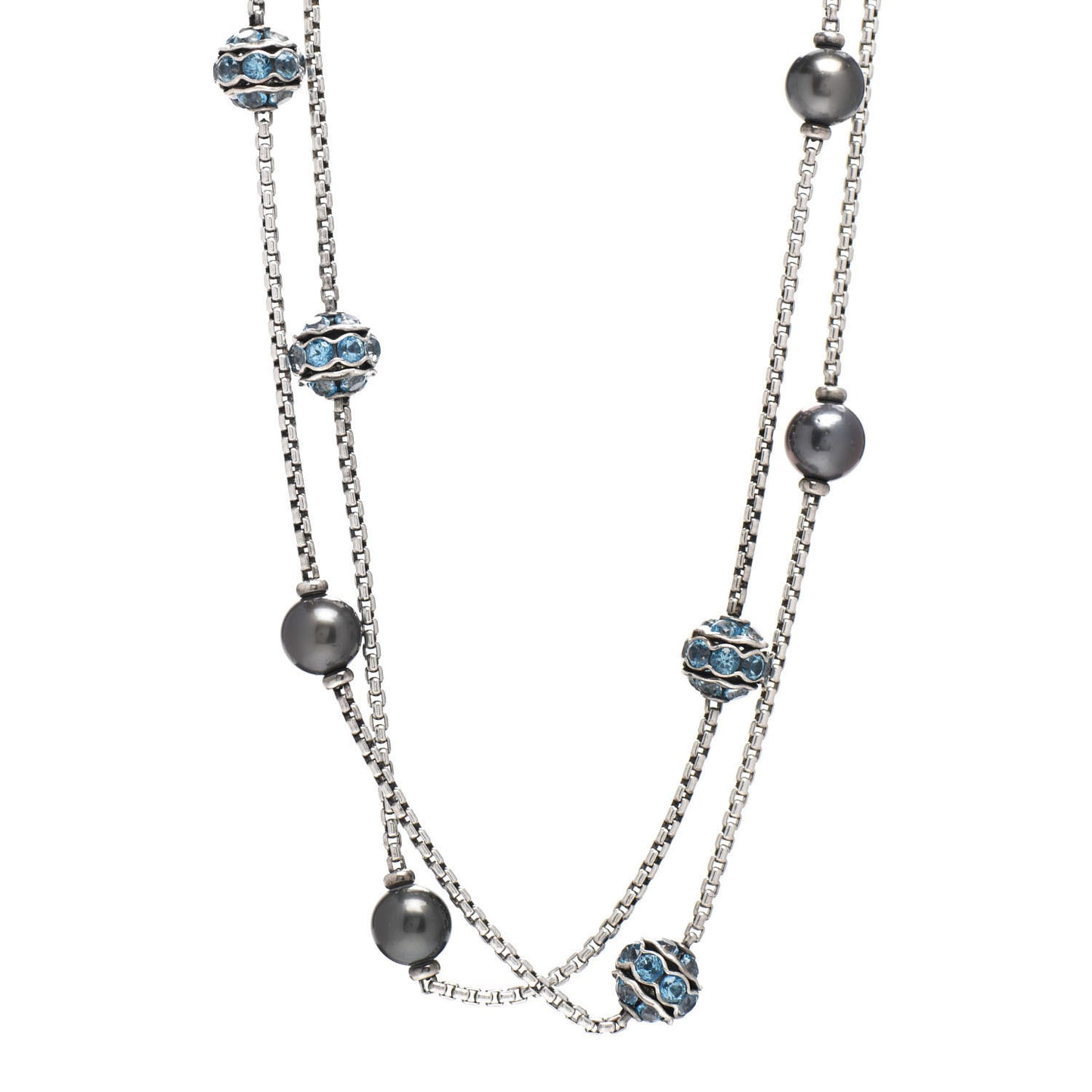 Sterling Silver Black Pearl Blue Zircon Sautoir Station Necklace