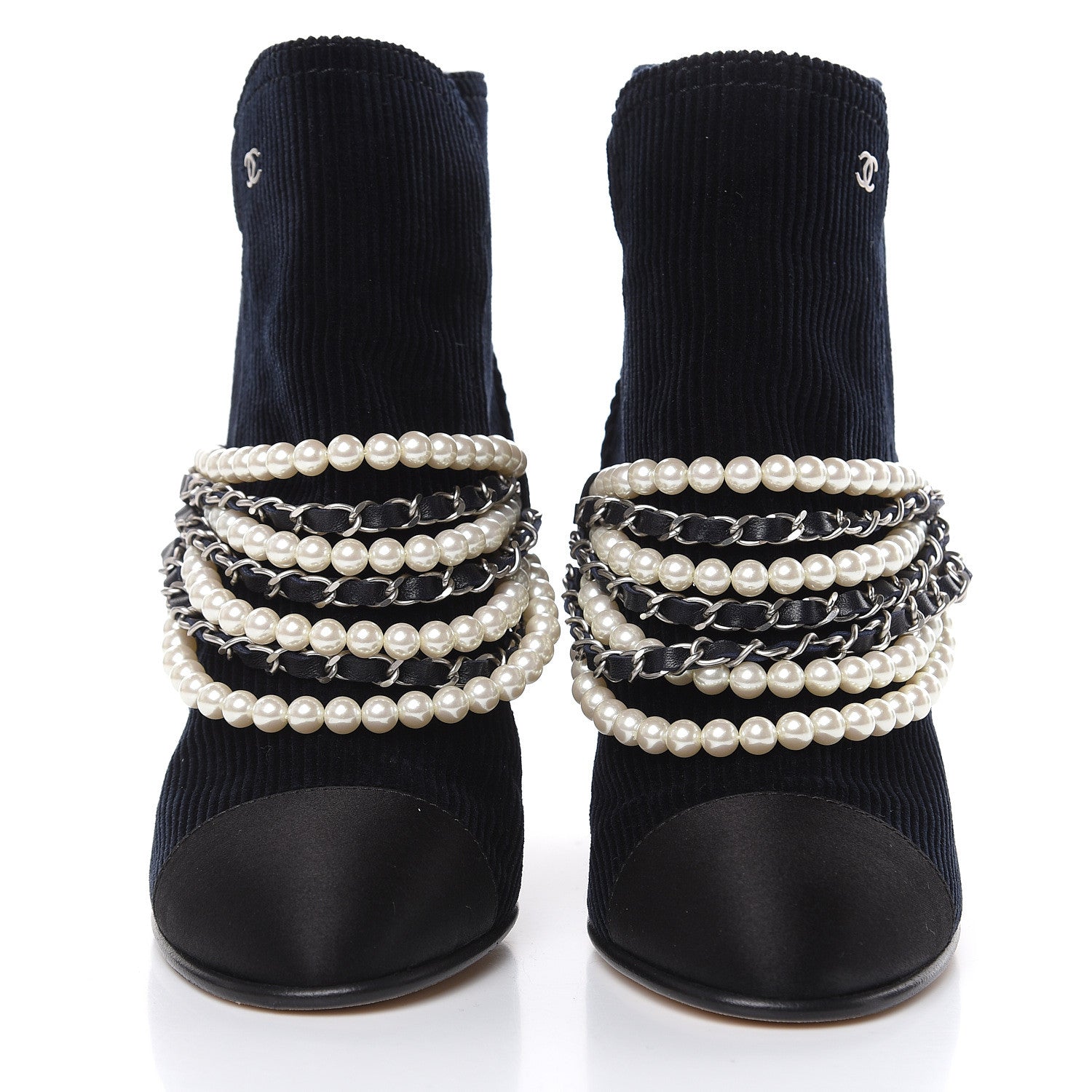 Chanel Velvet Satin Cap Cap Toe Short Boots 37 Navy Black 2 of 7