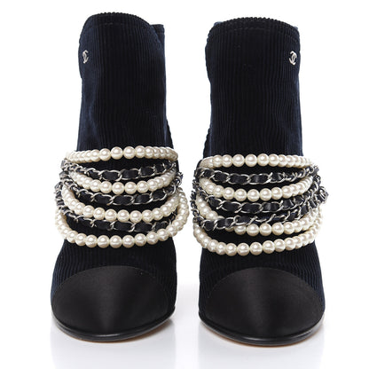 Chanel Velvet Satin Cap Cap Toe Short Boots 37 Navy Black 2 of 7