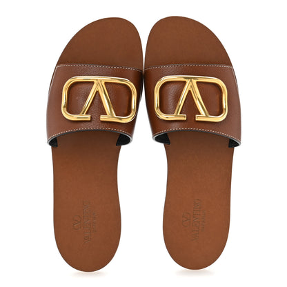 Valentino Garavani Grainy Cowhide Vlogo Flat Slide Sandals 39.5 Cuoio 2 of 11