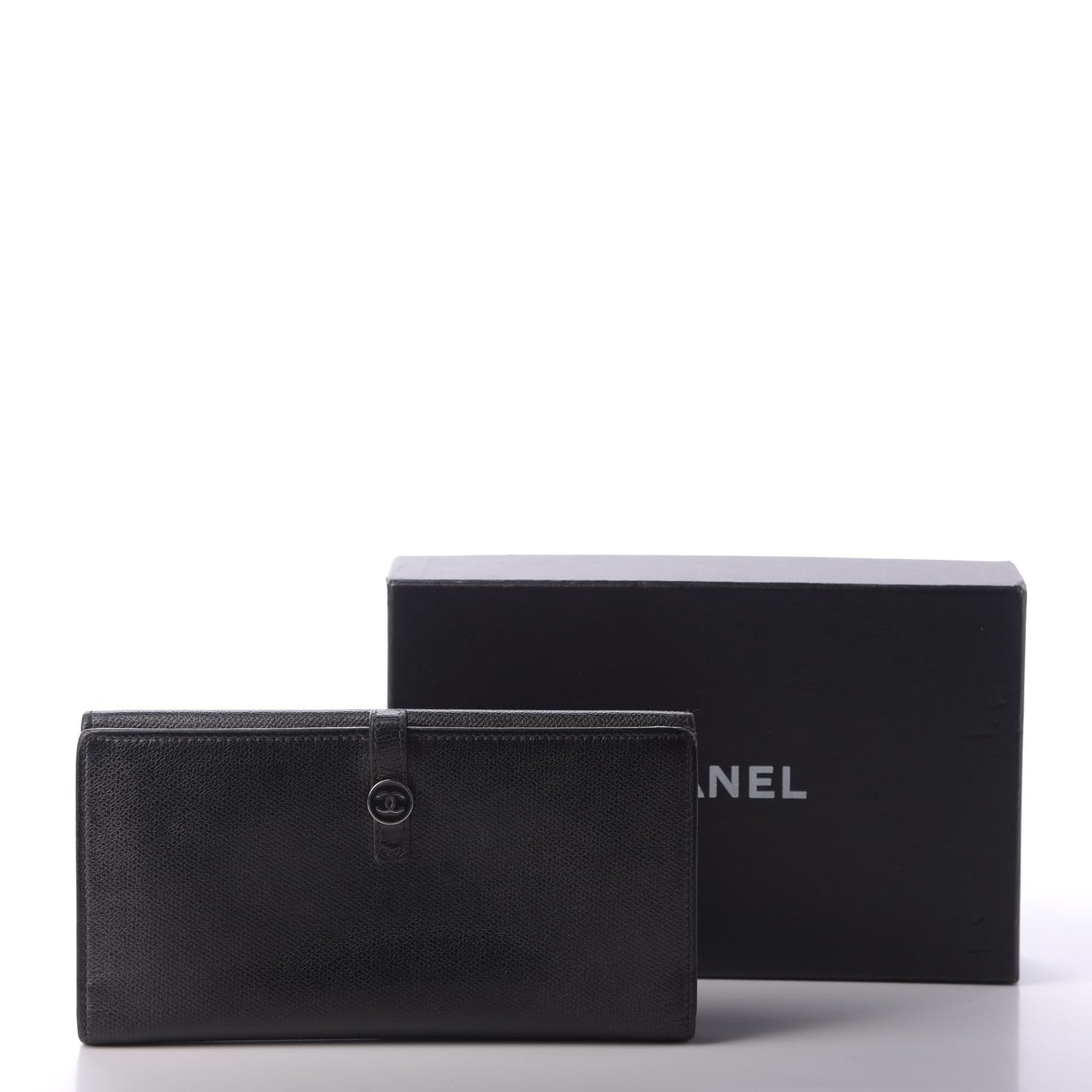 Grained Calfskin CC Button Long Wallet Black