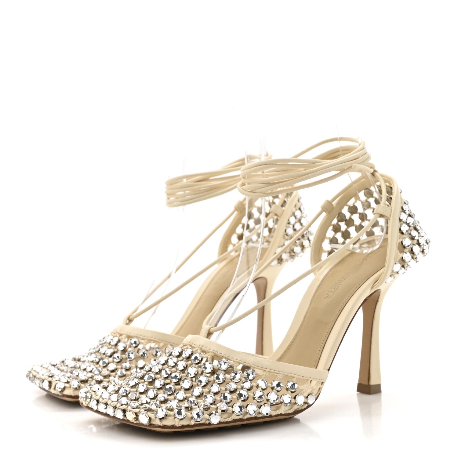 Bottega Veneta Mesh Nappa Crystal Embellished Sparkle Stretch Ankle Tie 90mm Sandals 36 White 4 of 12