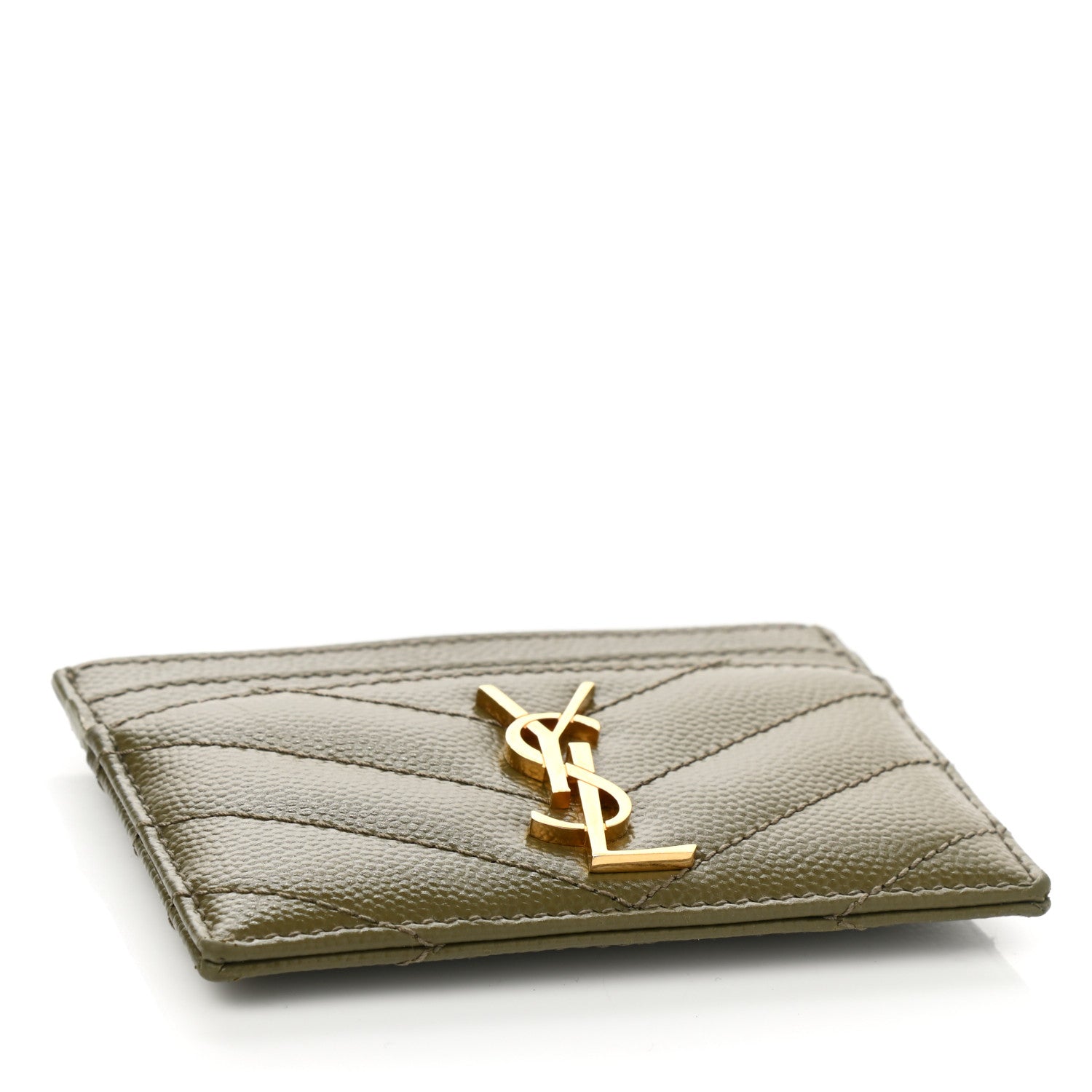 Saint Laurent Grain De Poudre Matelasse Chevron Monogram Credit Card Case Vert Kaki 4 of 7