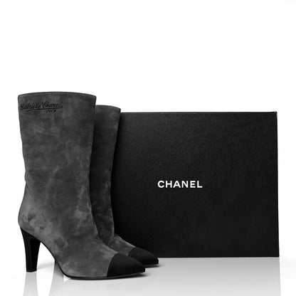 Chanel Suede Calfskin Satin Gabrielle Cap Toe Short Boots 39.5 Grey Black 12 of 12