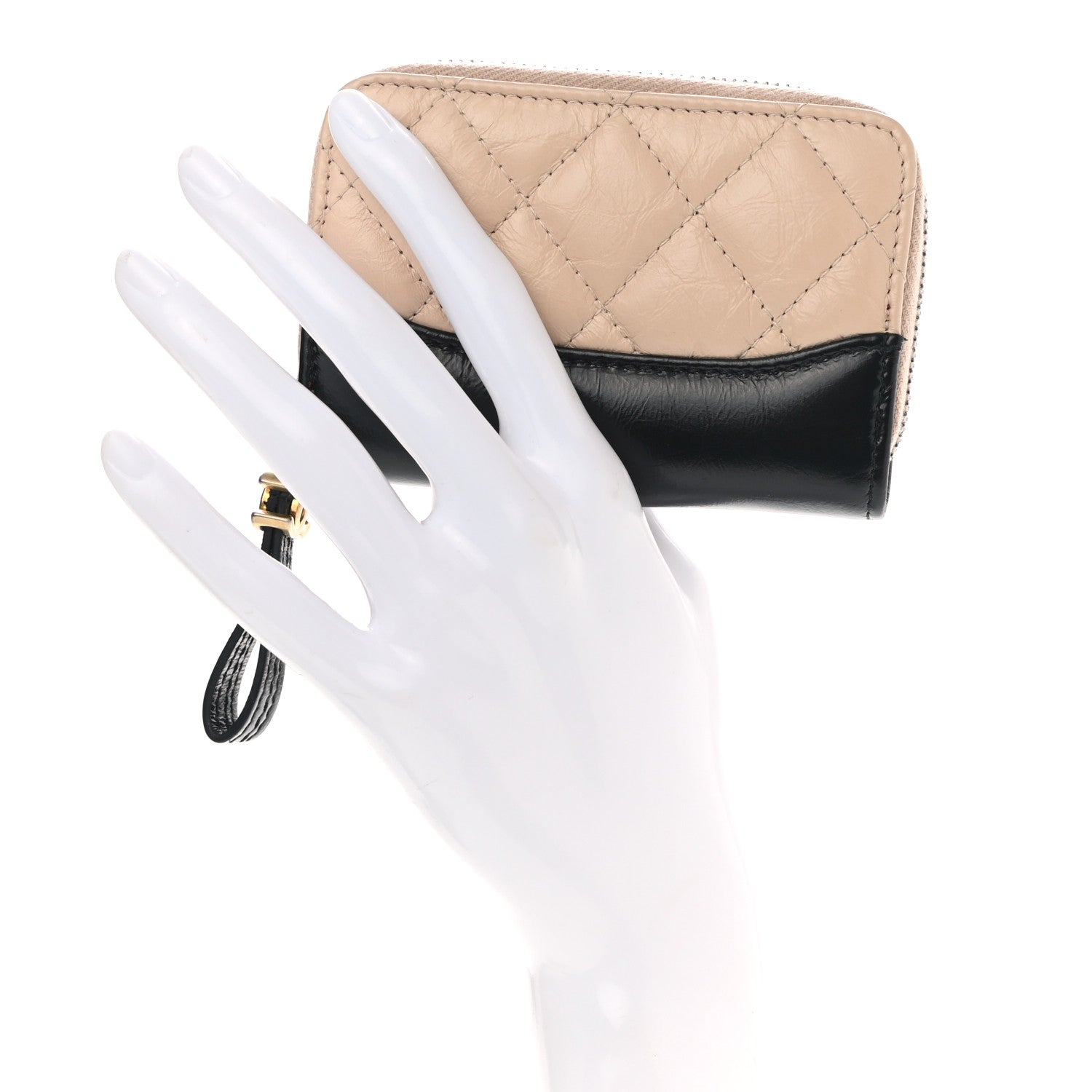 Chanel Aged Calfskin Quilted Gabrielle Zip Around Coin Purse Wallet Beige Black 2 of 9