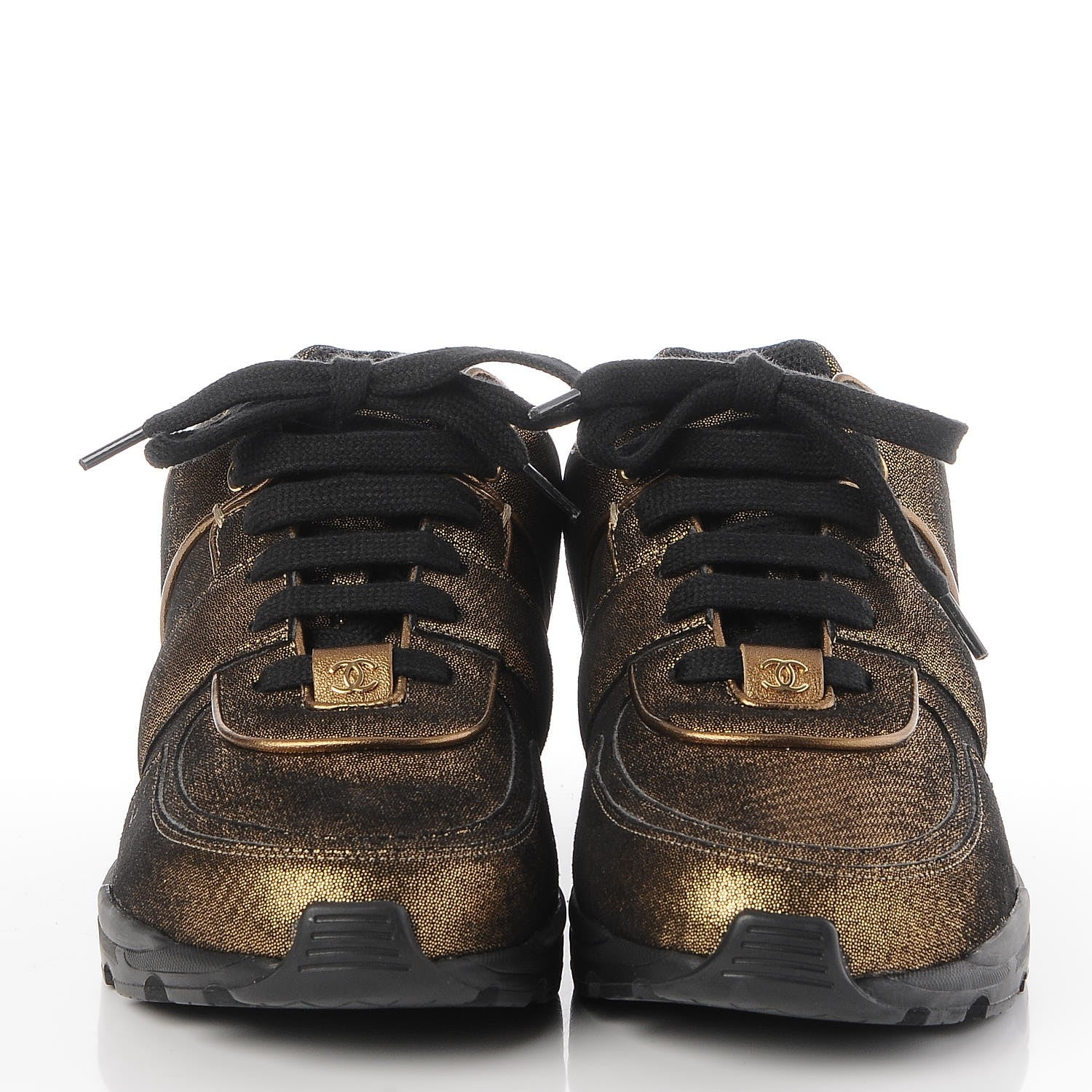 Chanel Metallic Fabric Calfskin Womens CC Sneakers 40.5 Golden Brown 2 of 9