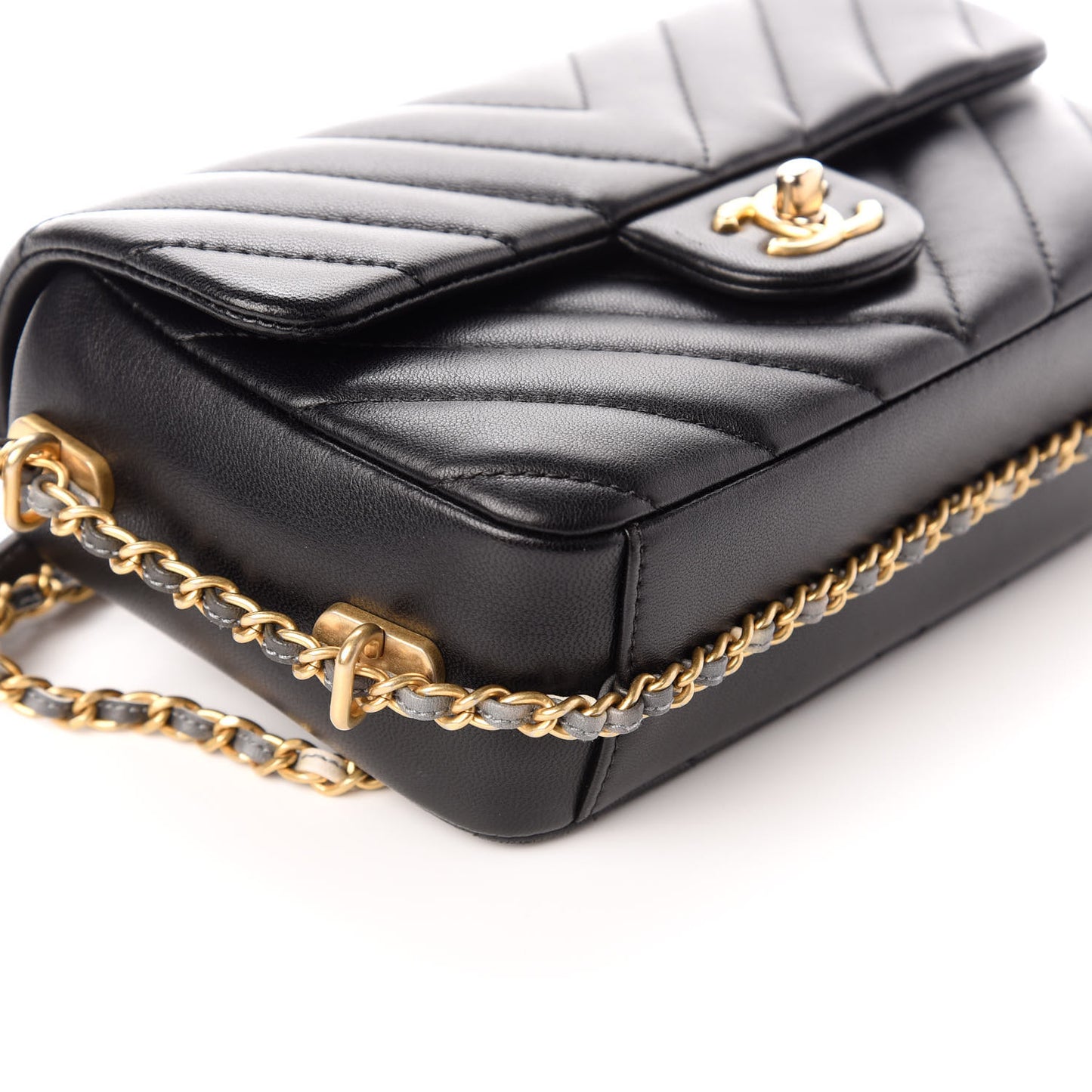 Lambskin Chevron Quilted Chain Around Mini Rectangular Flap Black