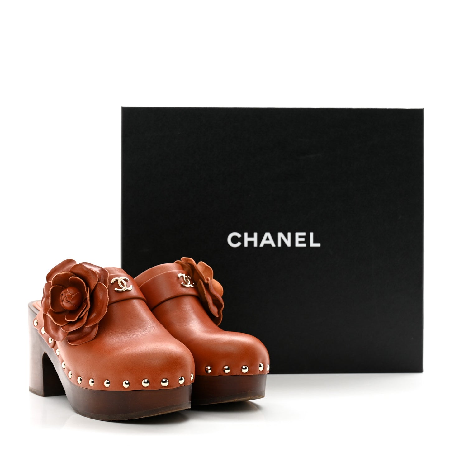 Calfskin Camellia Clogs 37 Brown