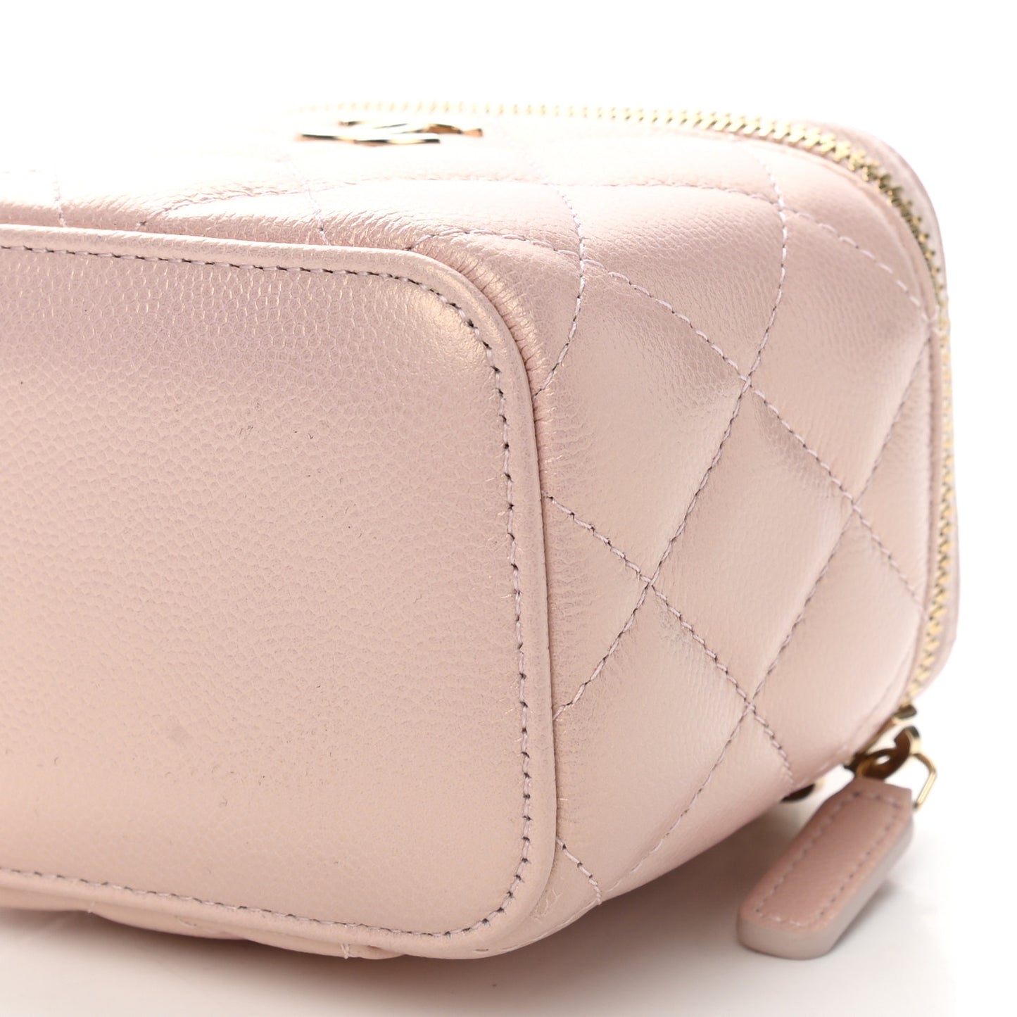 Iridescent Caviar Quilted Mini Pearl On Top Vanity Case With Chain Light Pink