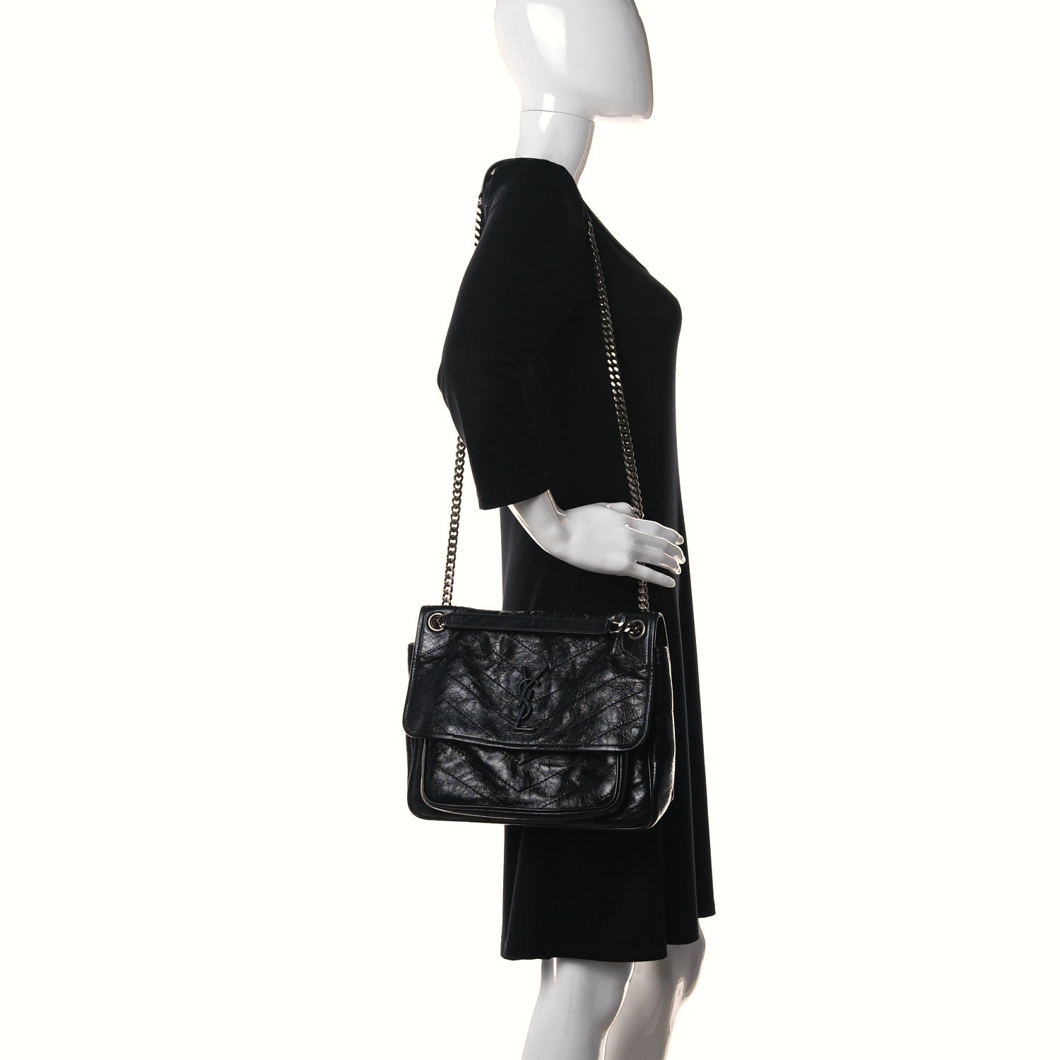 Saint Laurent Crinkled Calfskin Matelasse Monogram Medium Niki Chain Satchel Black 2 of 15