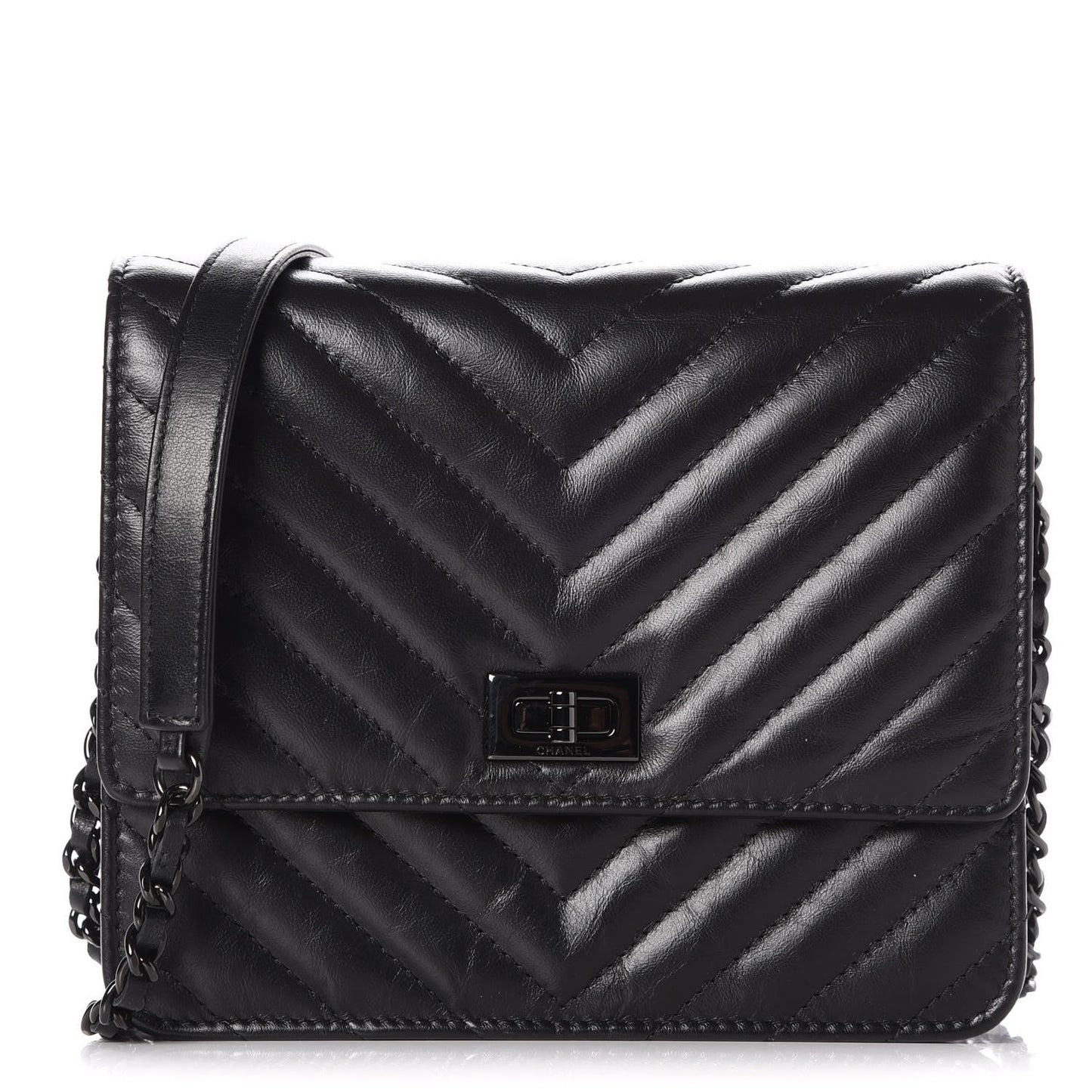 Aged Calfskin Chevron Quilted Reissue 2.55 Square Wallet On Chain WOC So Black