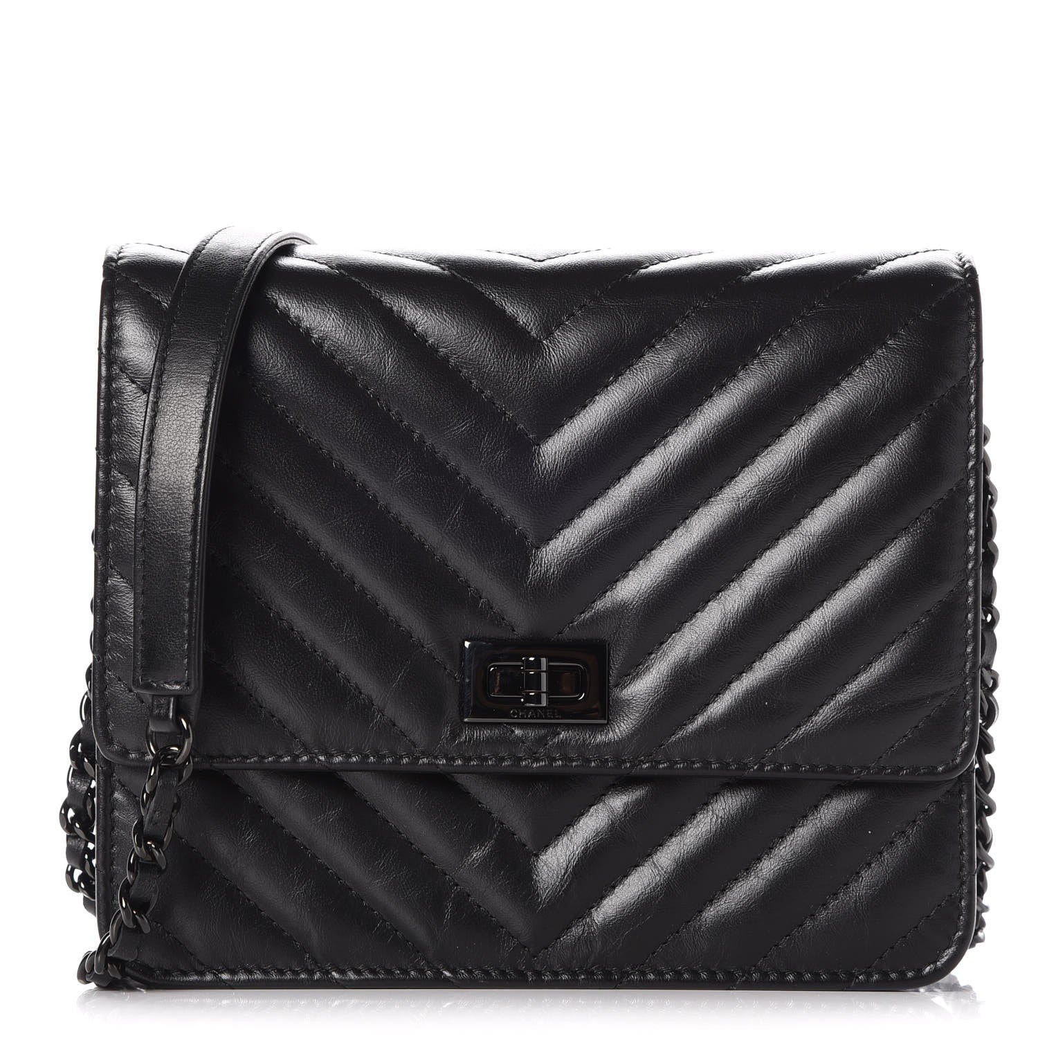 Chanel Aged Calfskin Chevron Quilted Reissue 2.55 Square Wallet On Chain WOC So Black 1 of 10