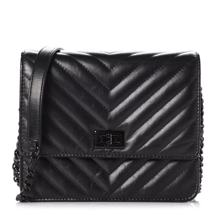 Chanel Aged Calfskin Chevron Quilted Reissue 2.55 Square Wallet On Chain WOC So Black 1 of 10