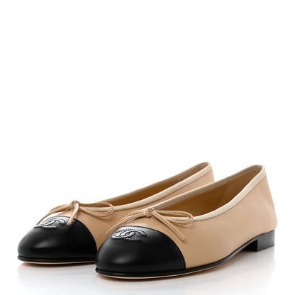 Chanel Lambskin Cap Toe CC Ballerina Flats 37 Beige Black 3 of 10