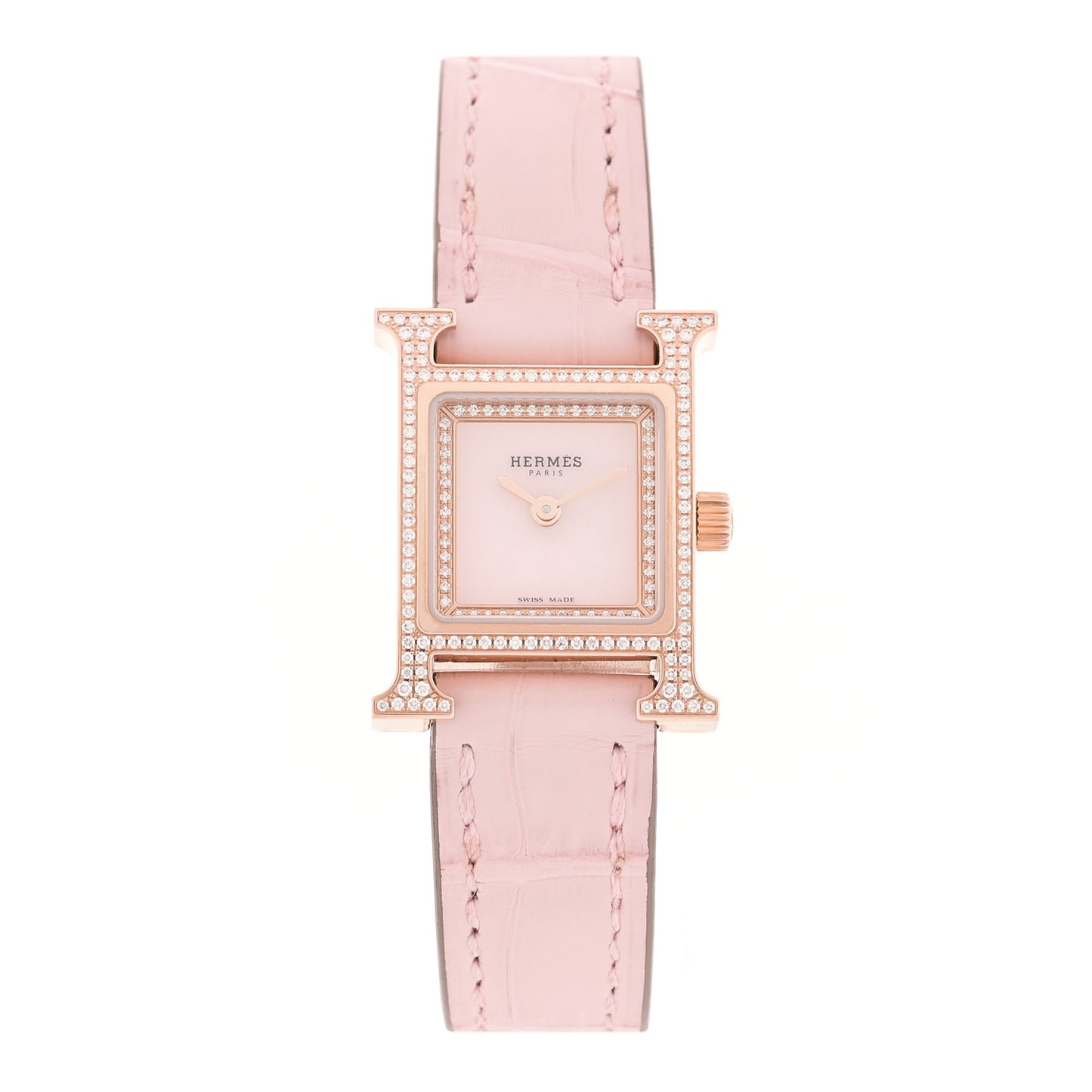 18K Rose Gold Alligator Diamond Bezel Rose Opal 17.2mm Heure H Hour Quartz Watch Rose Pale Rose Pale