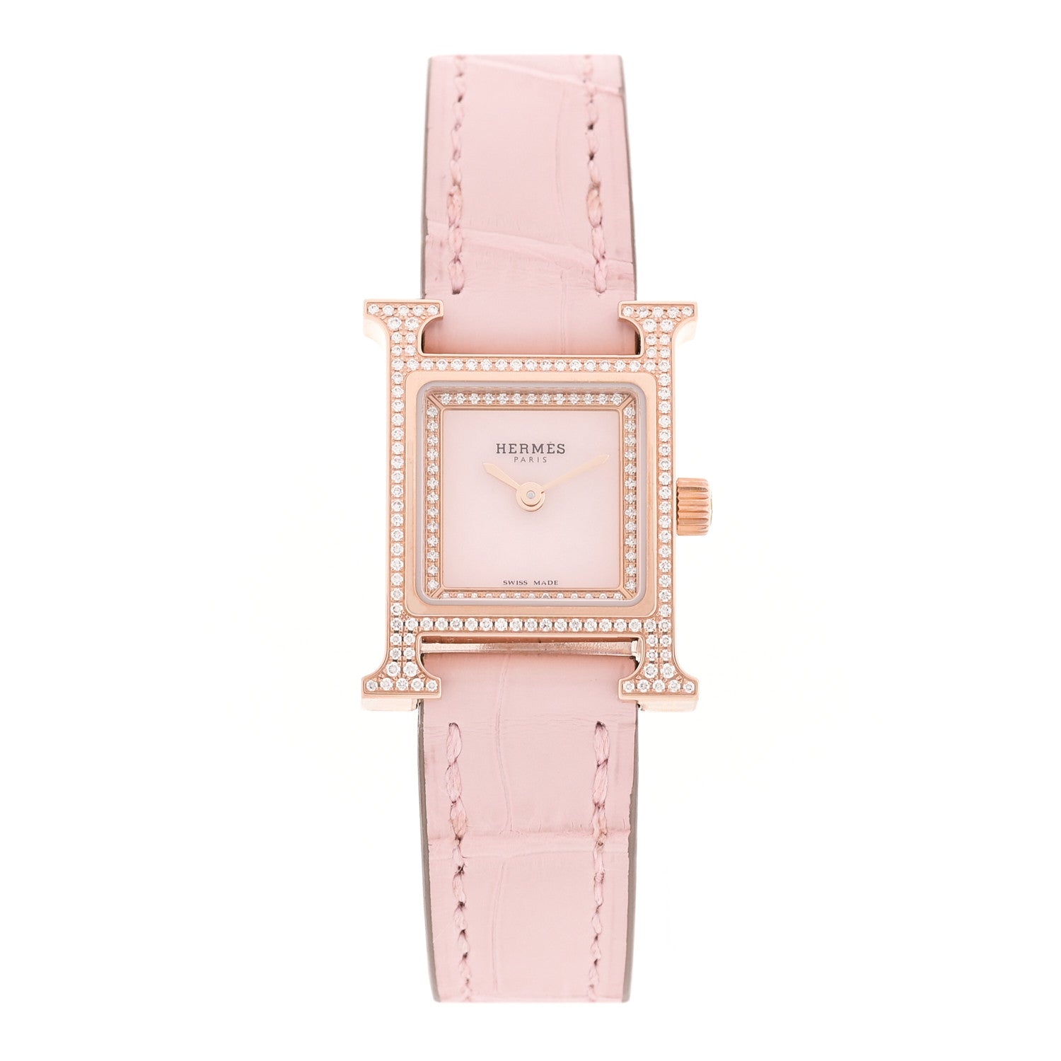 Hermes 18K Rose Gold Alligator Diamond Bezel Rose Opal 17.2mm Heure H Hour Quartz Watch Rose Pale Rose Pale 1 of 5