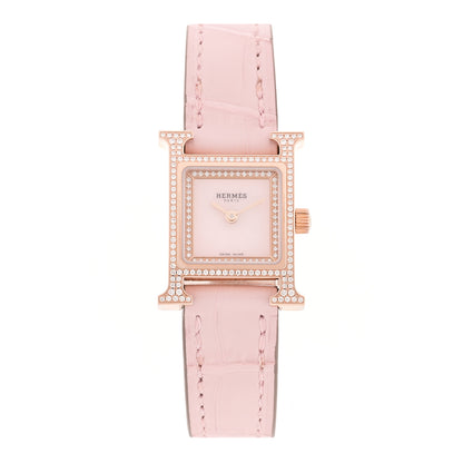 Hermes 18K Rose Gold Alligator Diamond Bezel Rose Opal 17.2mm Heure H Hour Quartz Watch Rose Pale Rose Pale 1 of 5