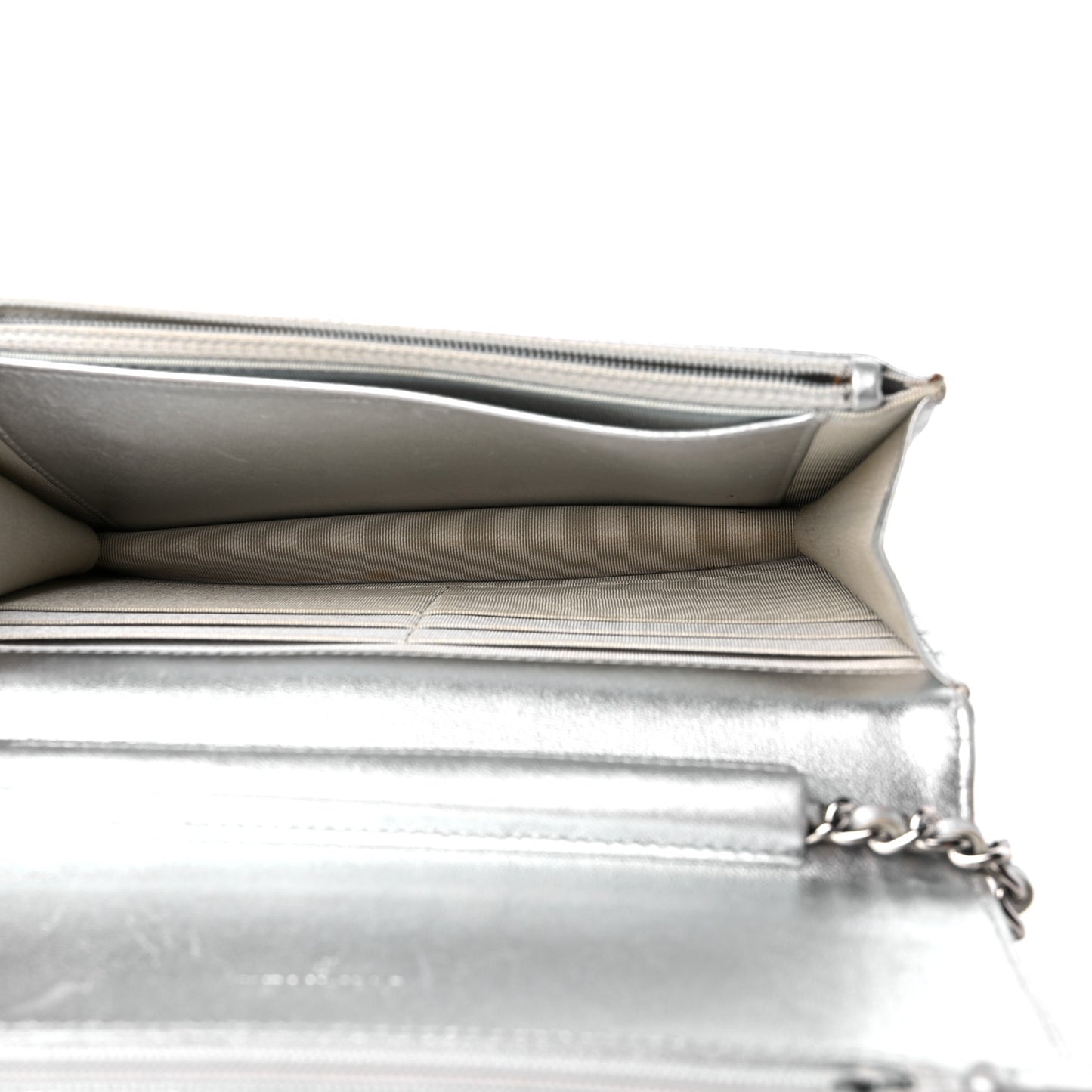 Metallic Lambskin Quilted Wallet On Chain WOC Silver