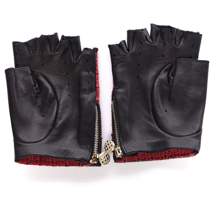 Chanel Lambskin Tweed Logo Fingerless Gloves 8 Pink 2 of 7