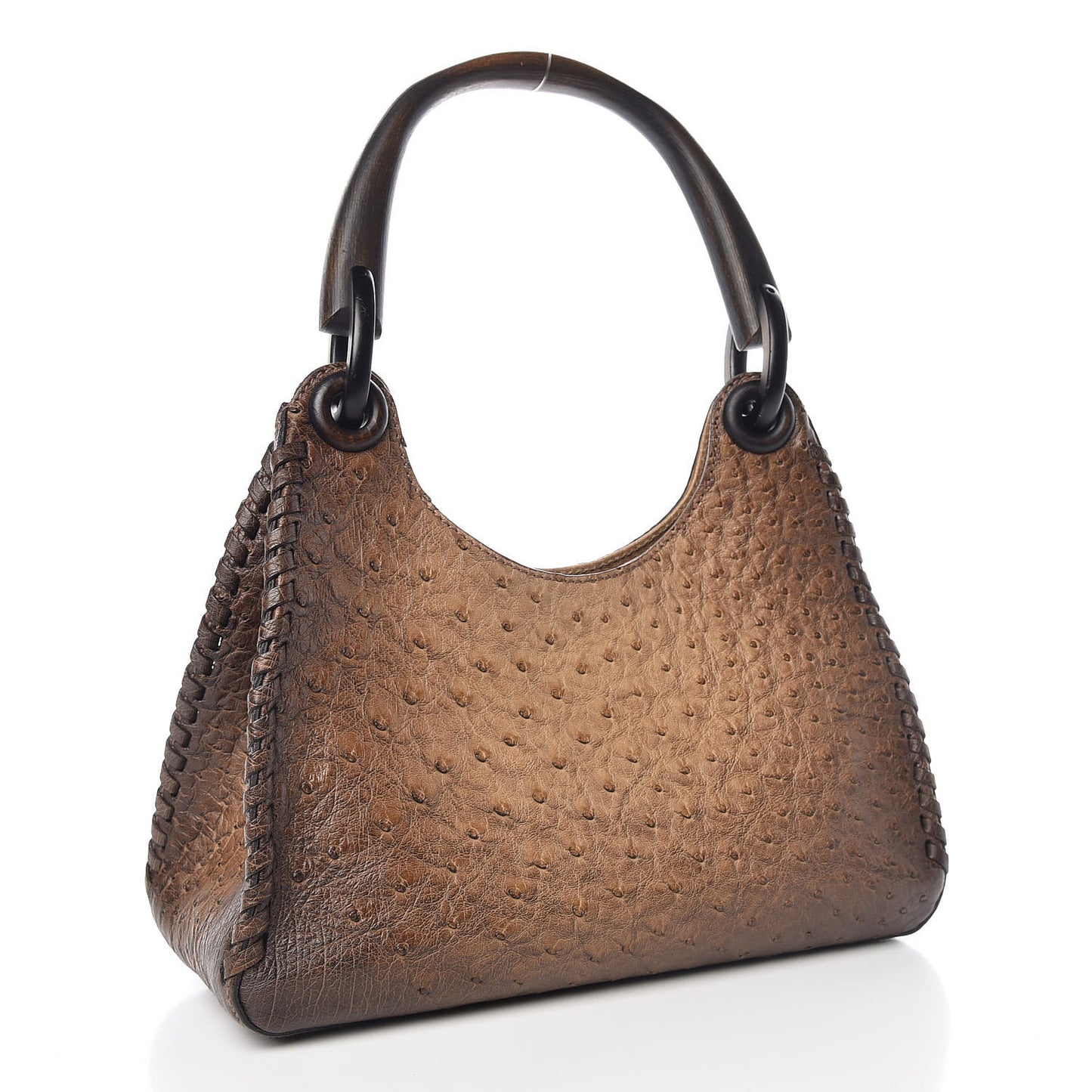 Ostrich Whipstitch Wooden Handle Small Hobo Brown