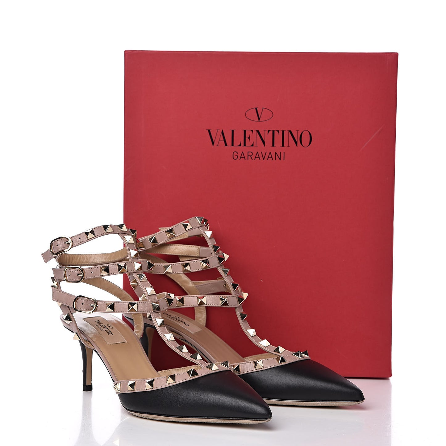 Calfskin Nappa Rockstud Ankle Strap 65mm Pumps 38 Black Poudre