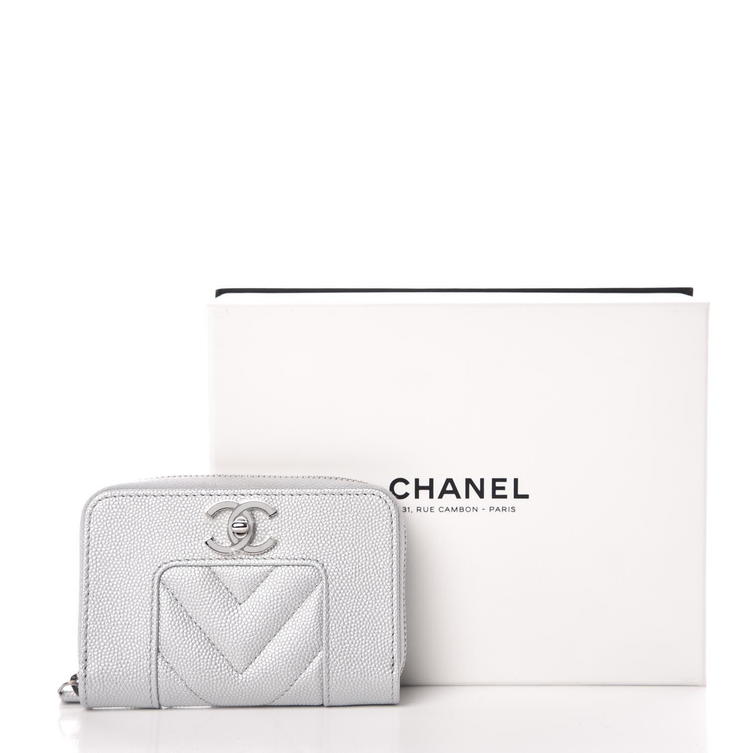 Chanel Metallic Caviar Chevron Quilted Vintage Mademoiselle Zip Coin Purse Silver 8 of 8