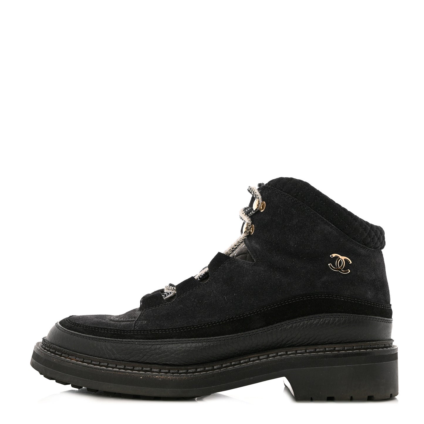 Suede Grained Calfskin CC Lace Up Boots 41 Black