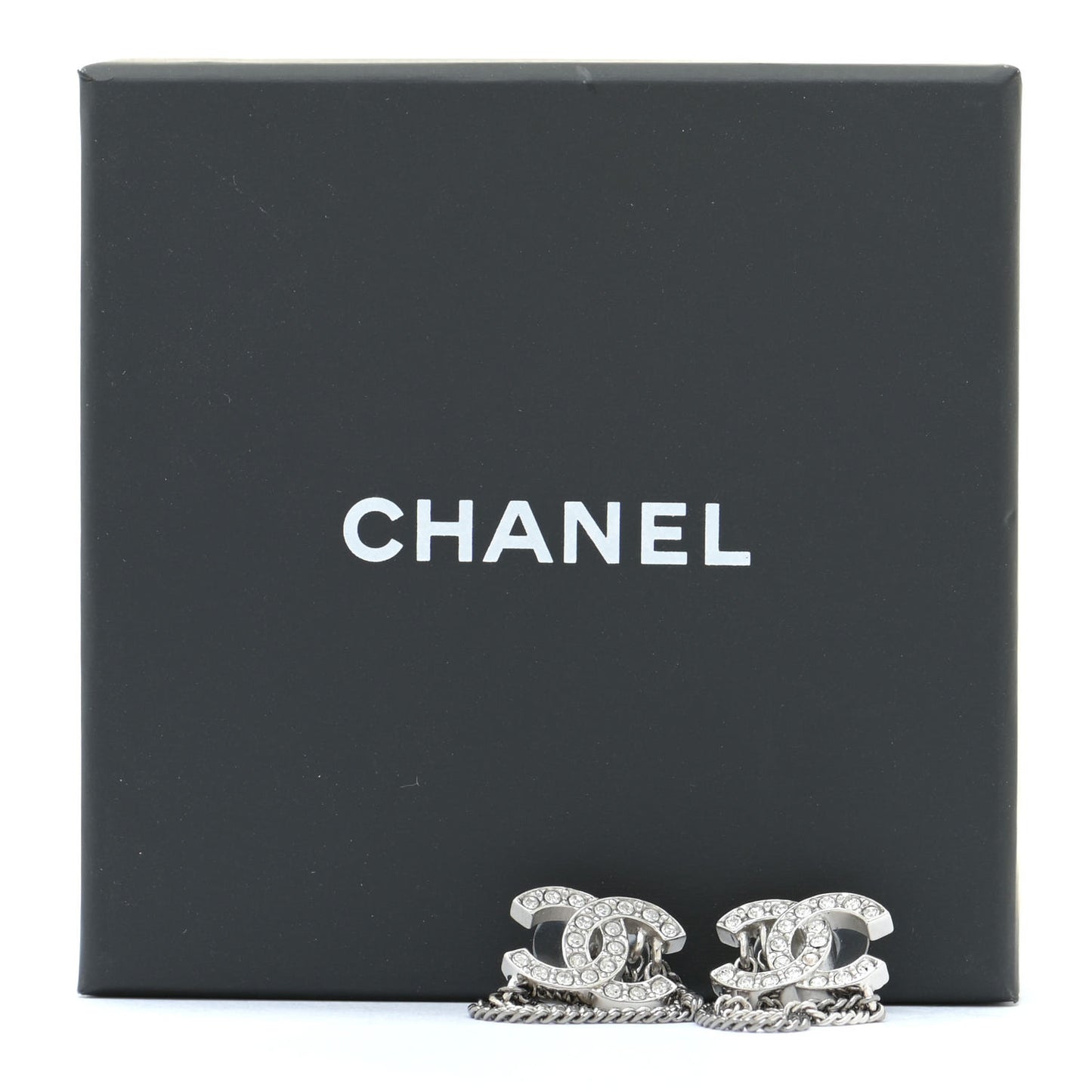 Crystal Chain CC Earrings Silver