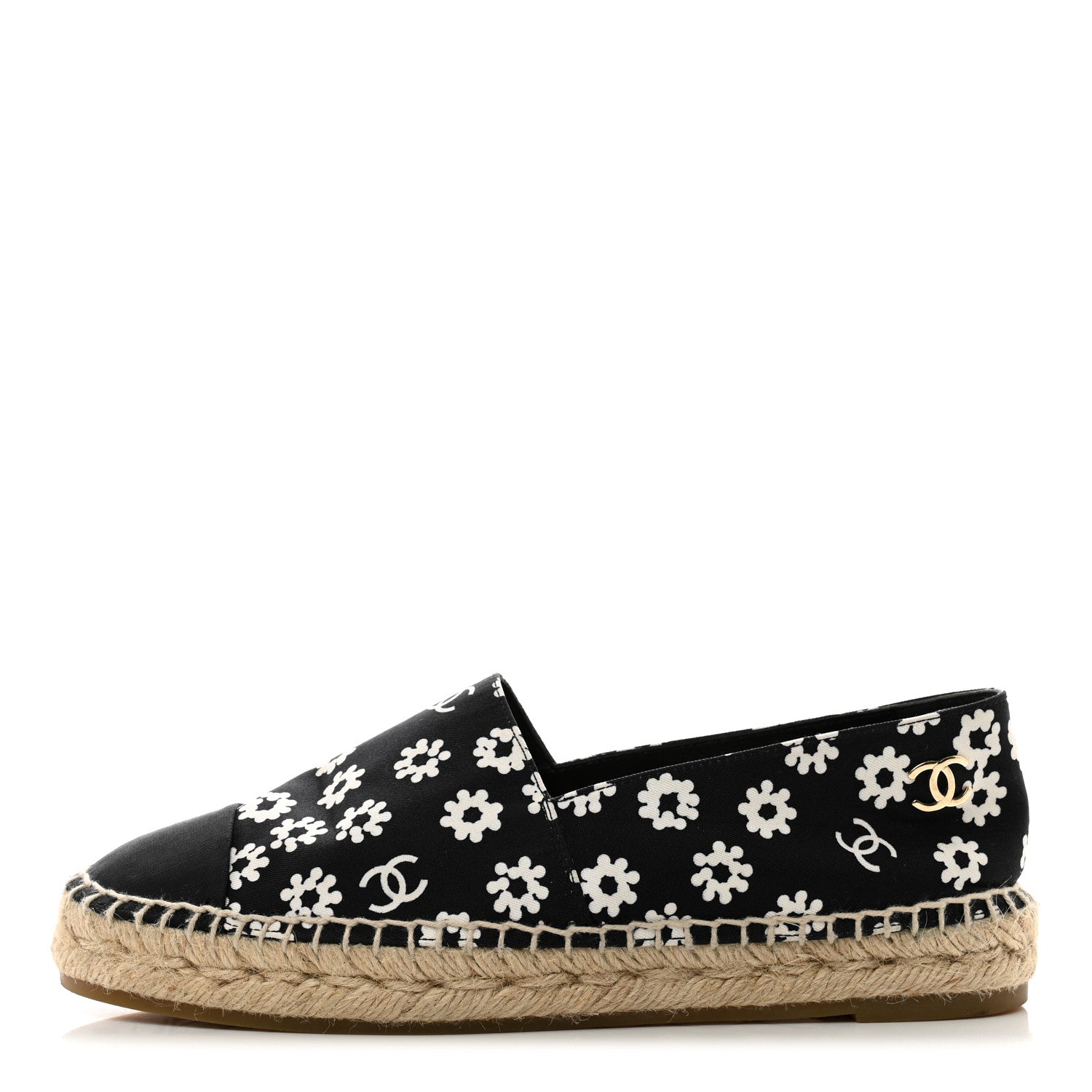 Chanel Fabric Printed Grosgrain Floral Espadrilles 38 Black Ivory 1 of 10