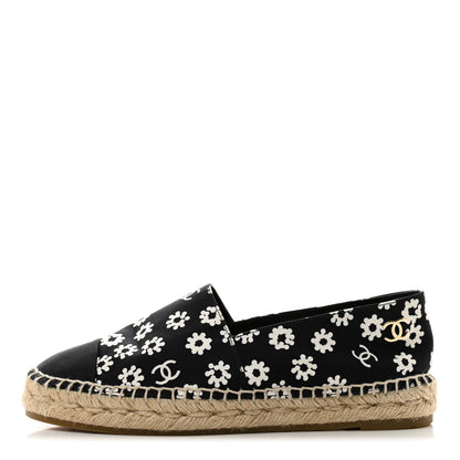Chanel Fabric Printed Grosgrain Floral Espadrilles 38 Black Ivory 1 of 10