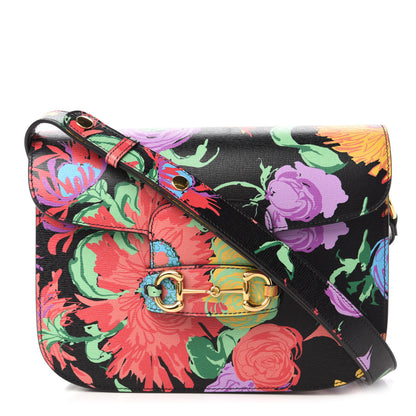 Gucci X KEN SCOTT New Shangai Calfskin Jenny Floral Print Horsebit 1955 Shoulder Bag Black Pink 1 of 11
