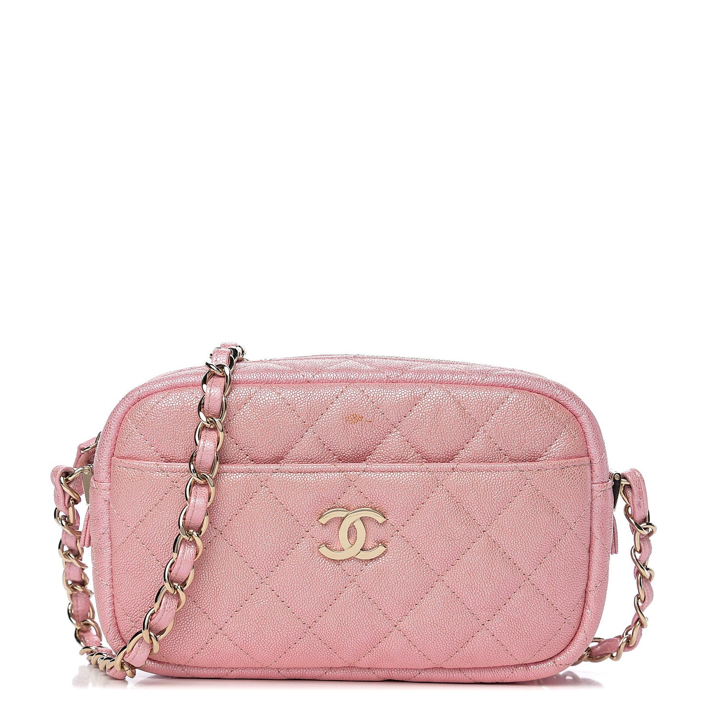 Iridescent Caviar Quilted Small Timeless Camera Case Pink