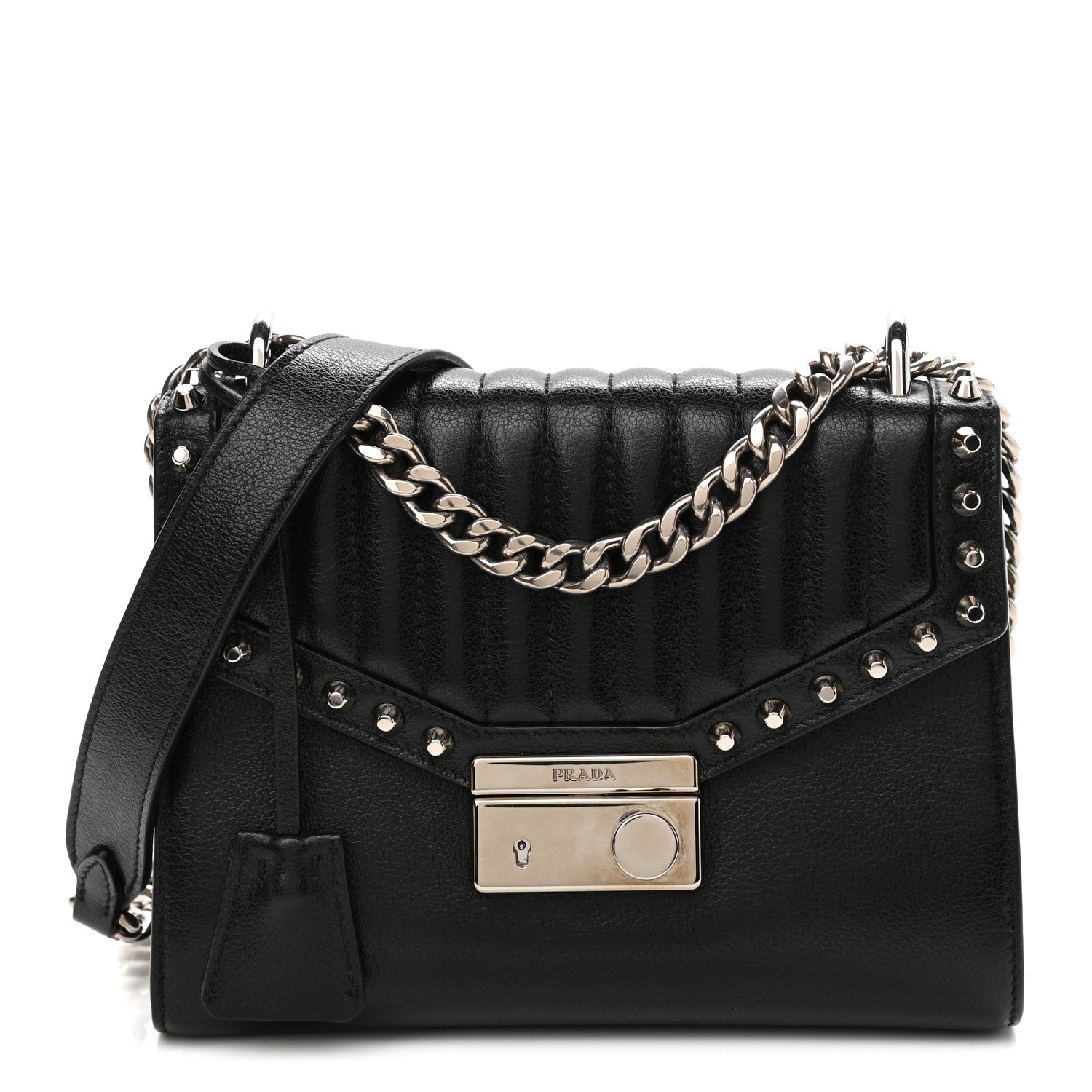 Prada Glace Calfskin Studded Sound Flap Crossbody Shoulder Bag Black 1 of 10