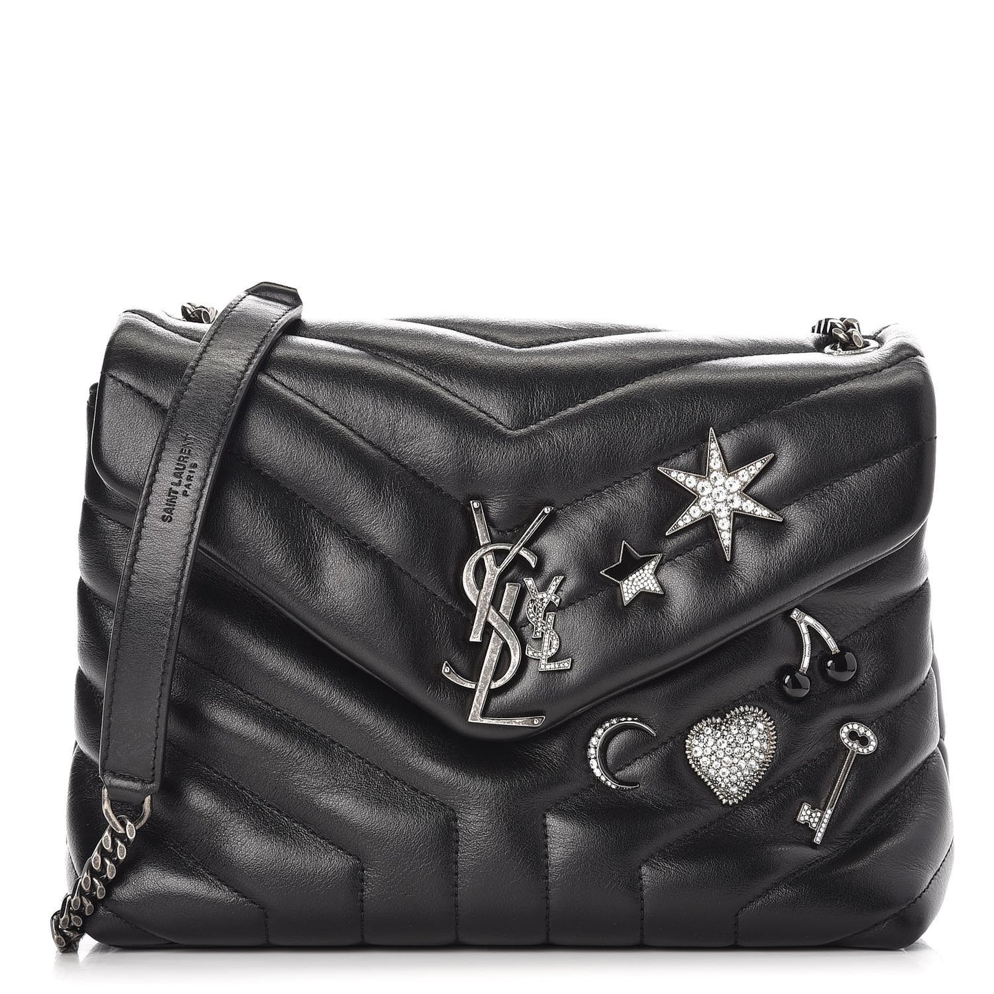 Calfskin Y Quilted Monogram Small Charm Loulou Chain Satchel Black