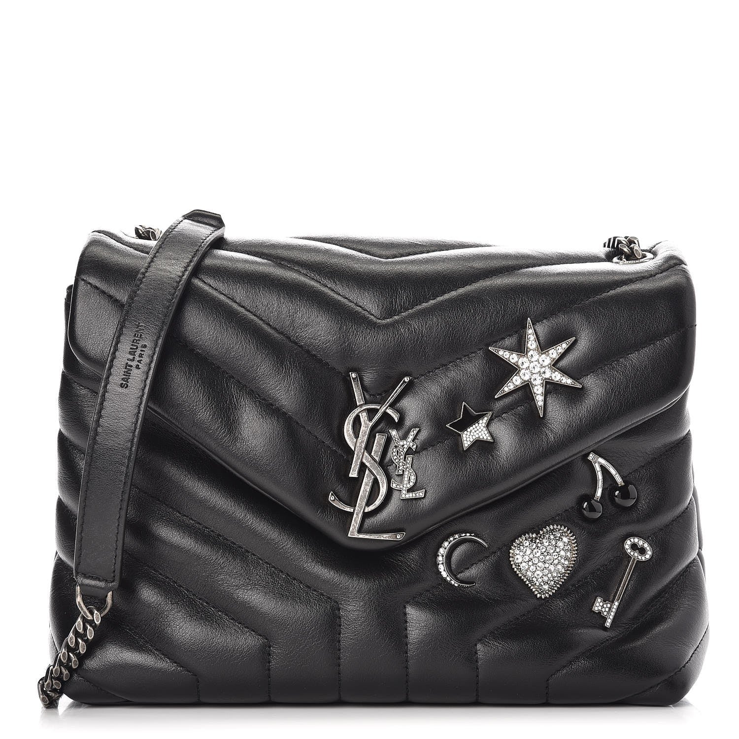 Saint Laurent Calfskin Y Quilted Monogram Small Charm Loulou Chain Satchel Black 1 of 9