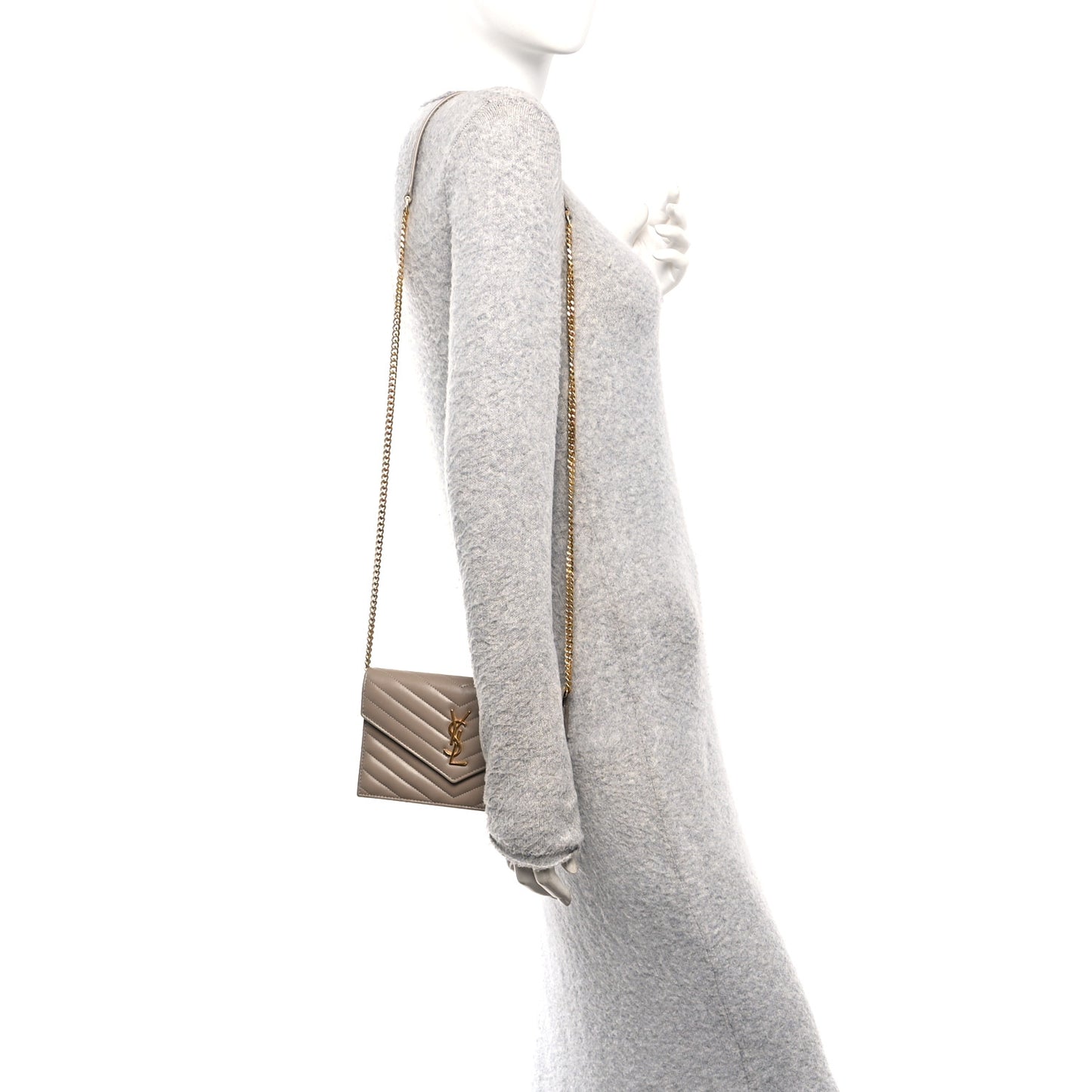 Lambskin Matelasse Chevron Monogram Envelope Chain Wallet Dusty Grey