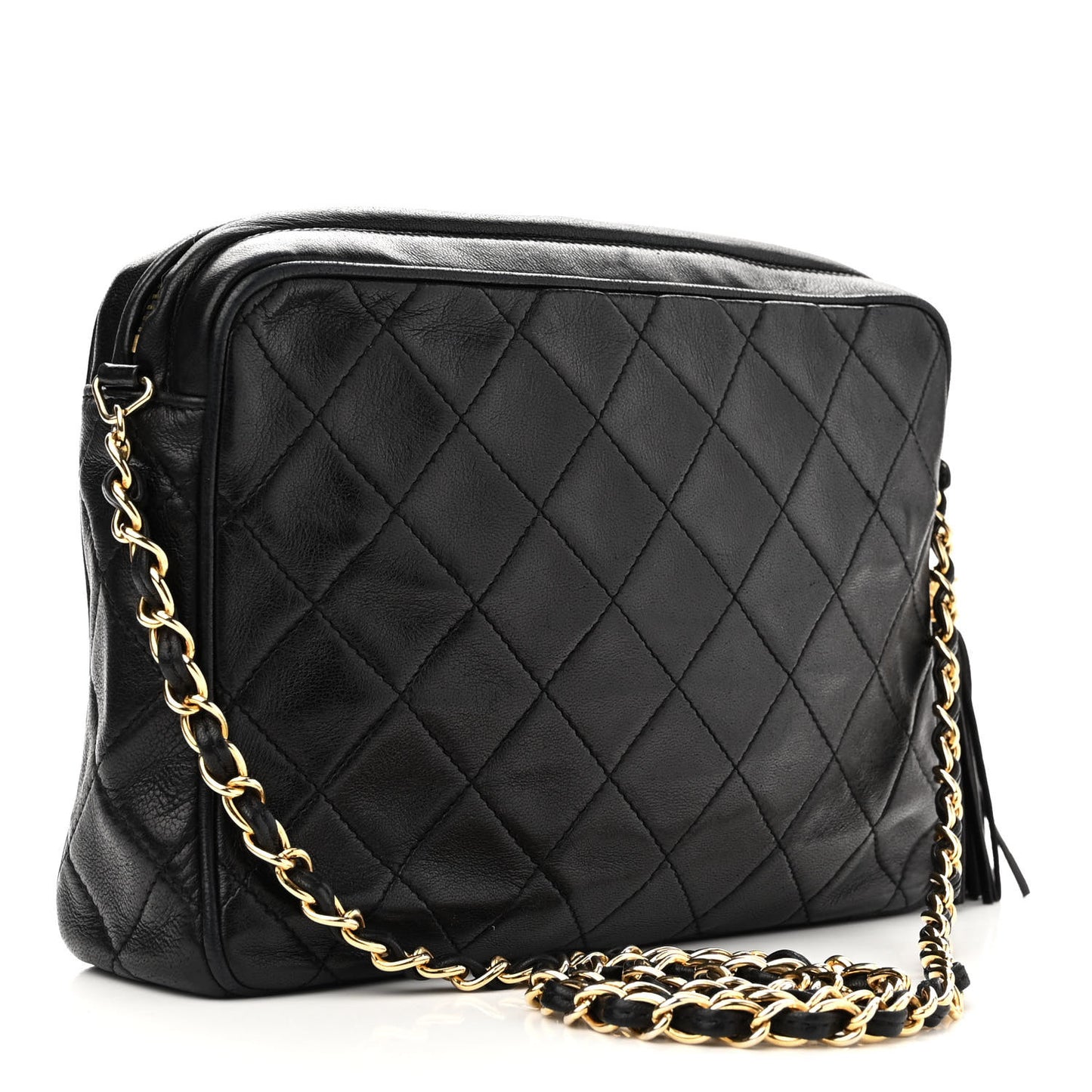 Lambskin Quilted Tassel Camera Case Black