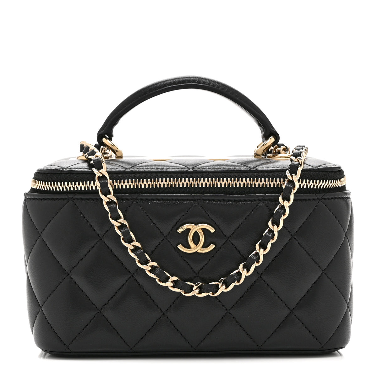 Lambskin Quilted Trendy Small Top Handle Vanity Case With Chain Black