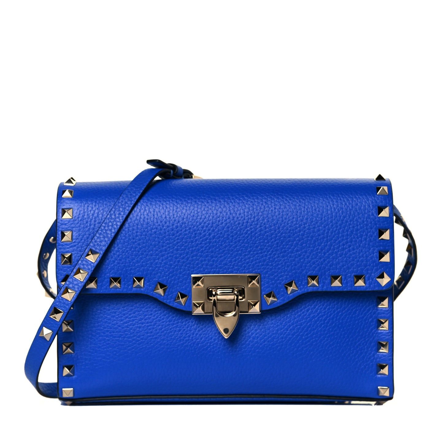 Pebbled Calfskin Medium Rockstud Flip Lock Crossbody Bag Acid Blue