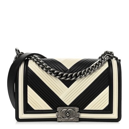 Chanel Calfskin Pleated Medium Boy In Rome Flap Black White 1 of 11