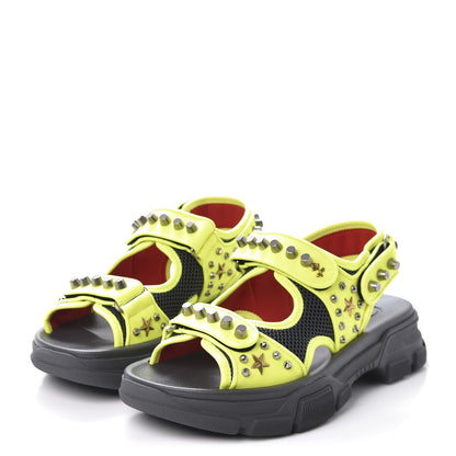 Gucci Technical Canvas Calfskin Studded Mens Aguru Sandals 7 Neon Yellow 3 of 8