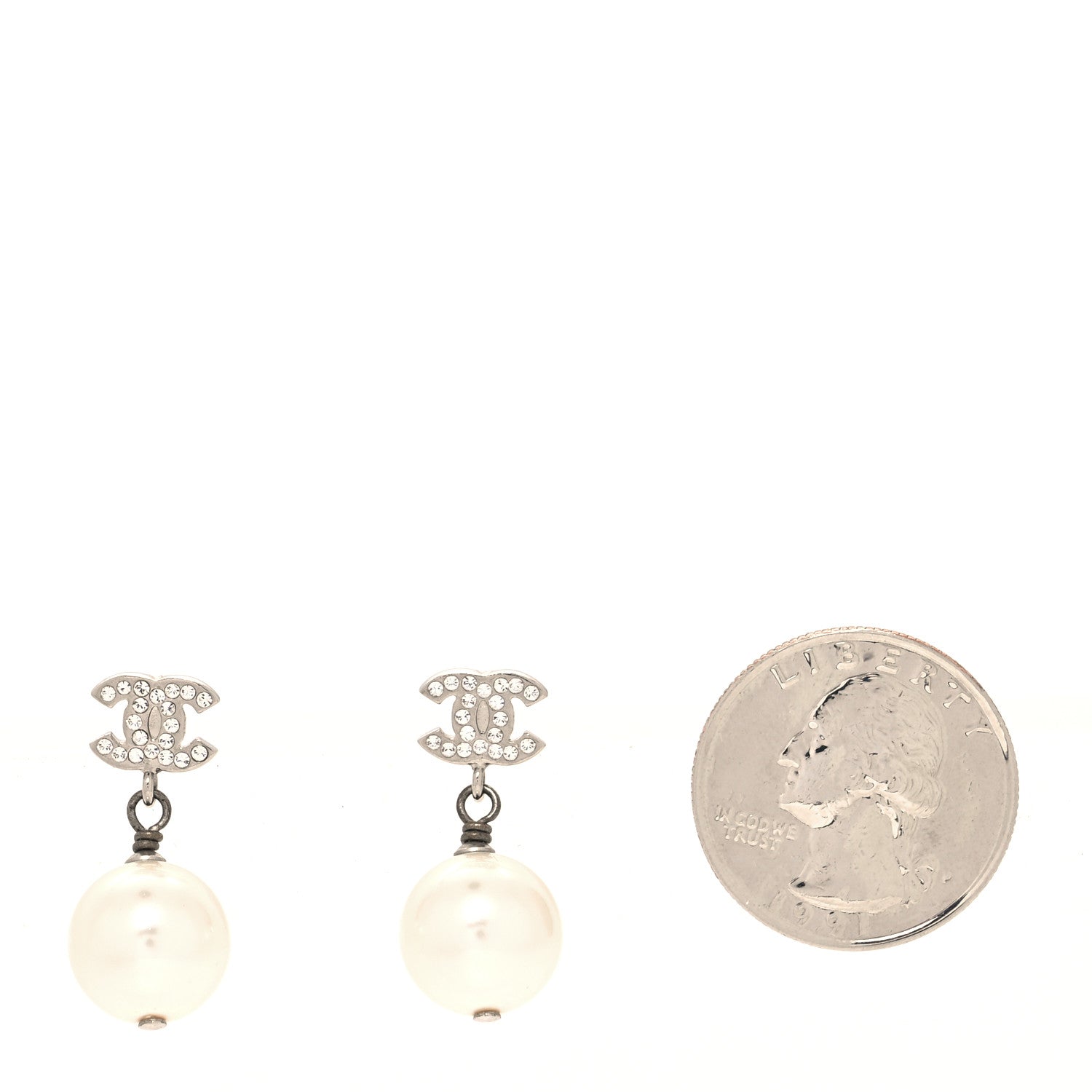 Chanel Crystal Pearl CC Drop Earrings Silver Pearly White 2 of 4