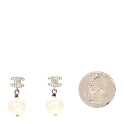 Chanel Crystal Pearl CC Drop Earrings Silver Pearly White 2 of 4