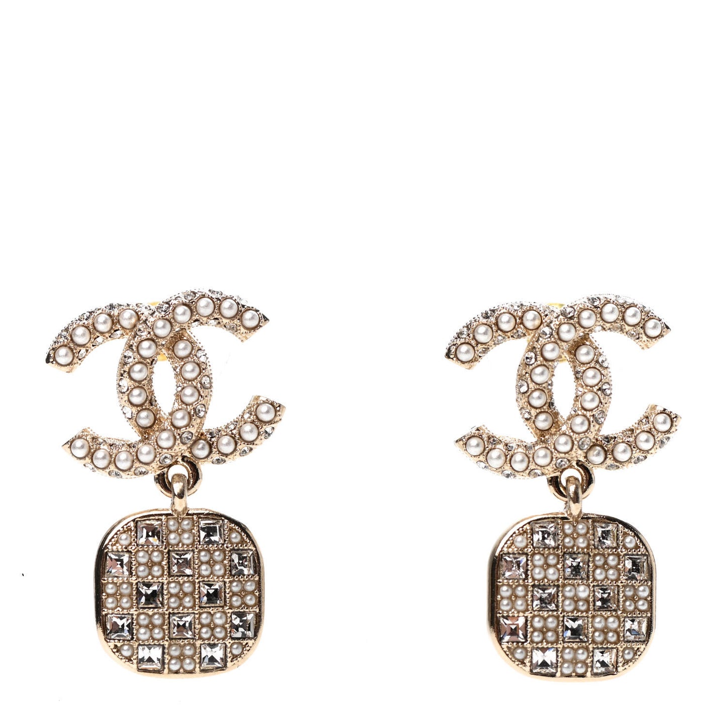 Pearl Baguette Crystal CC Drop Earrings Gold