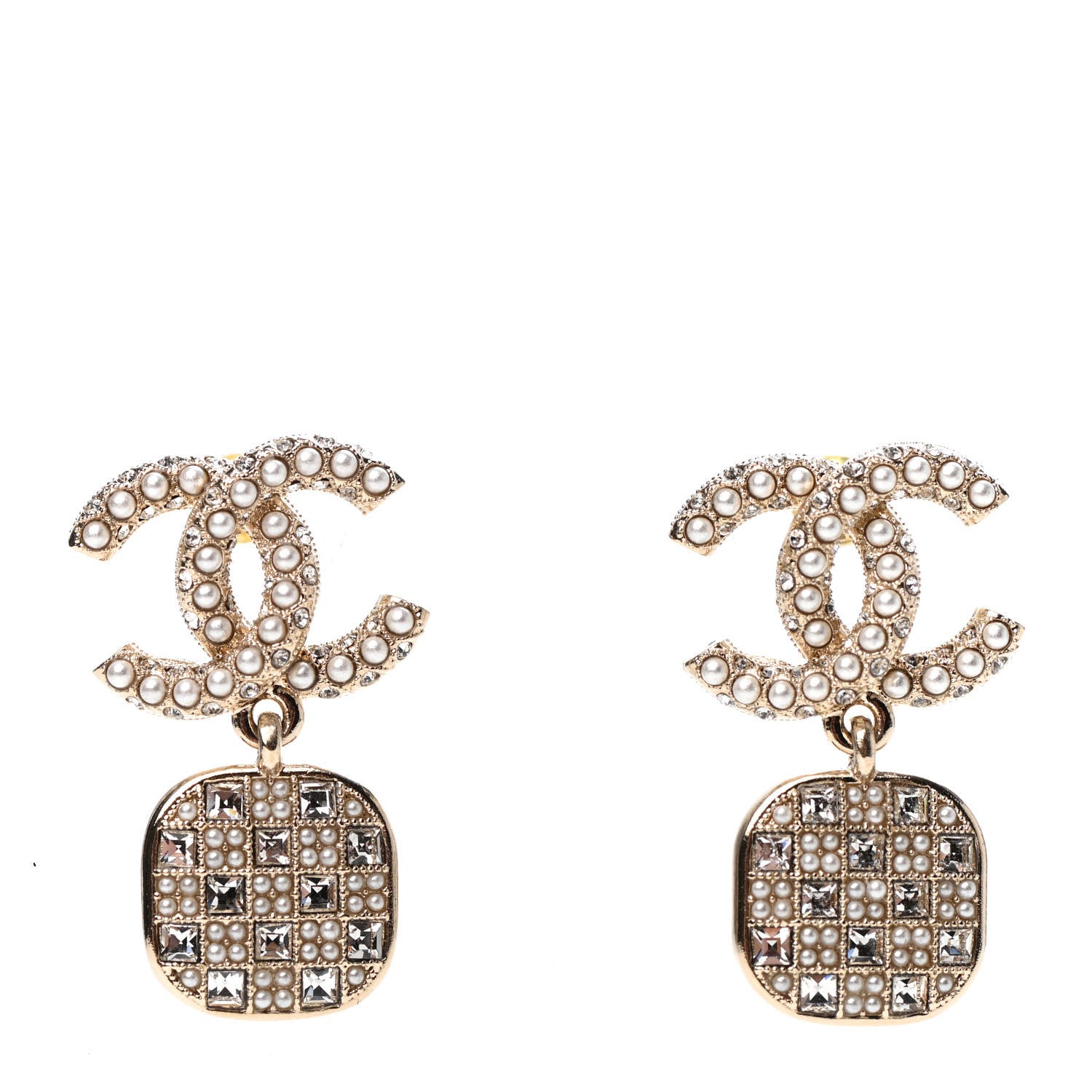 Chanel Pearl Baguette Crystal CC Drop Earrings Gold 1 of 4