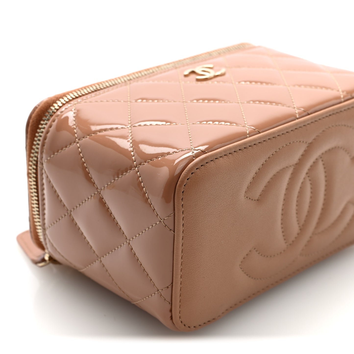 Patent Quilted Quilted Small Top Handle Vanity Case With Chain Dark Beige