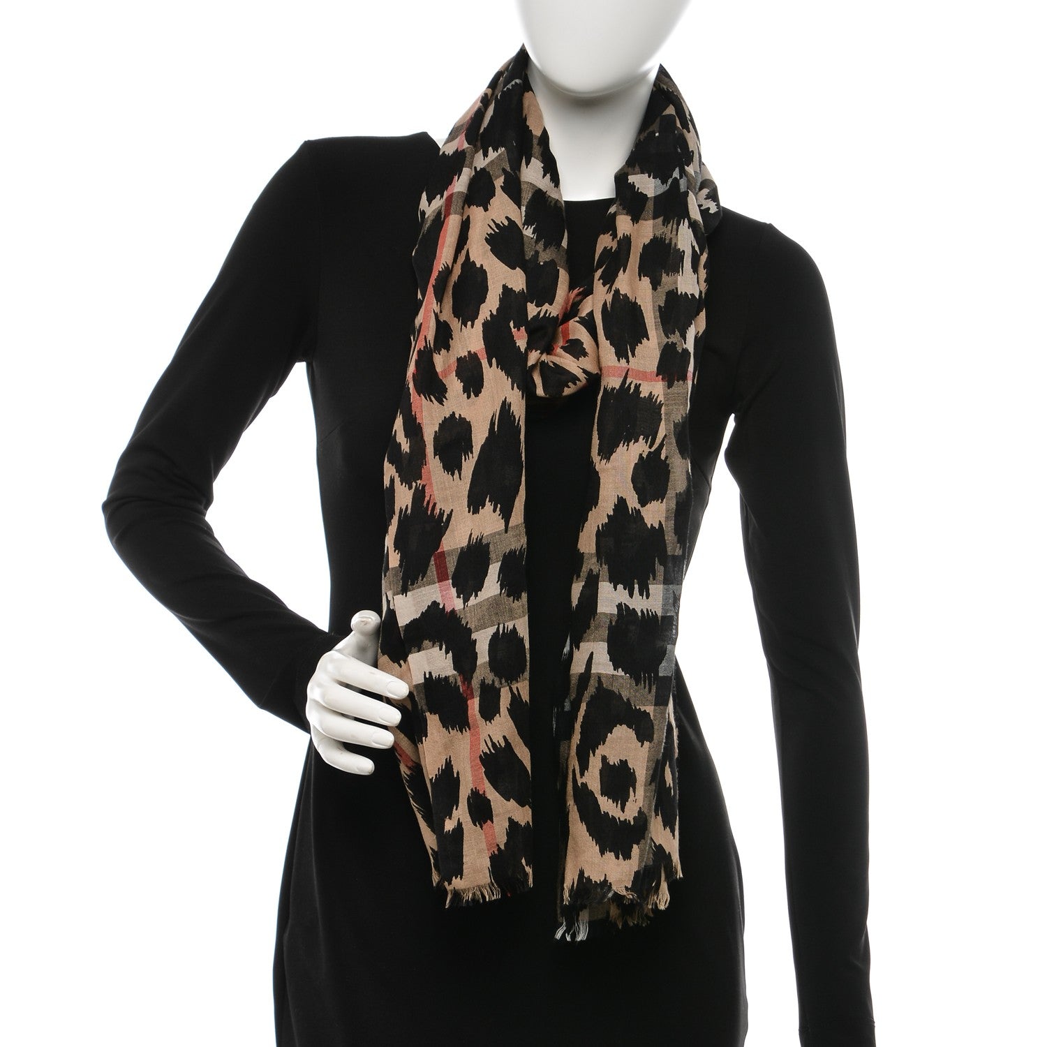 Burberry Wool Silk Animal Check Lightweight Scarf Camel 2 of 4